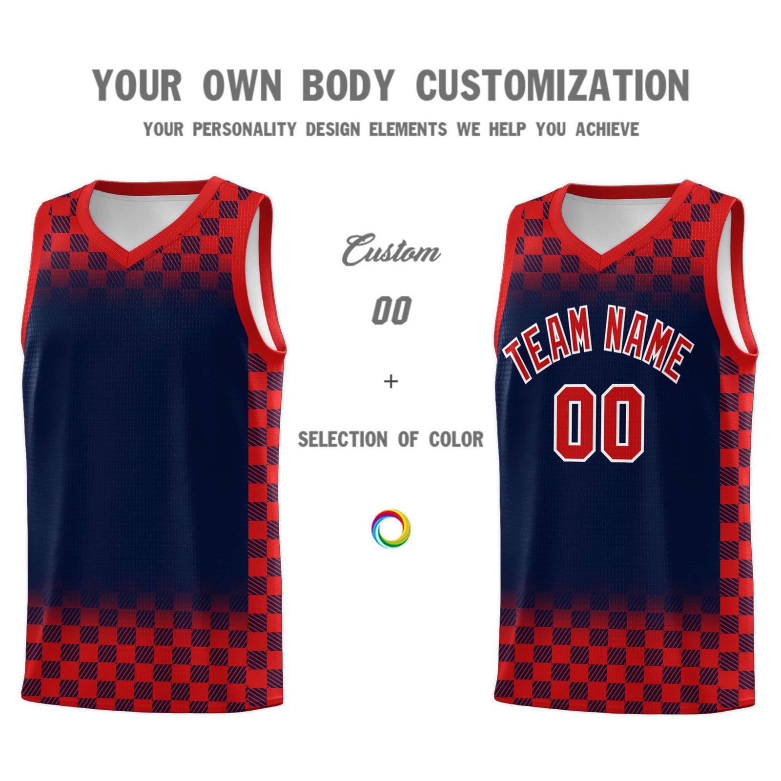 Custom Navy Red Classic Plaid Pattern Sports Uniform Basketball Jersey