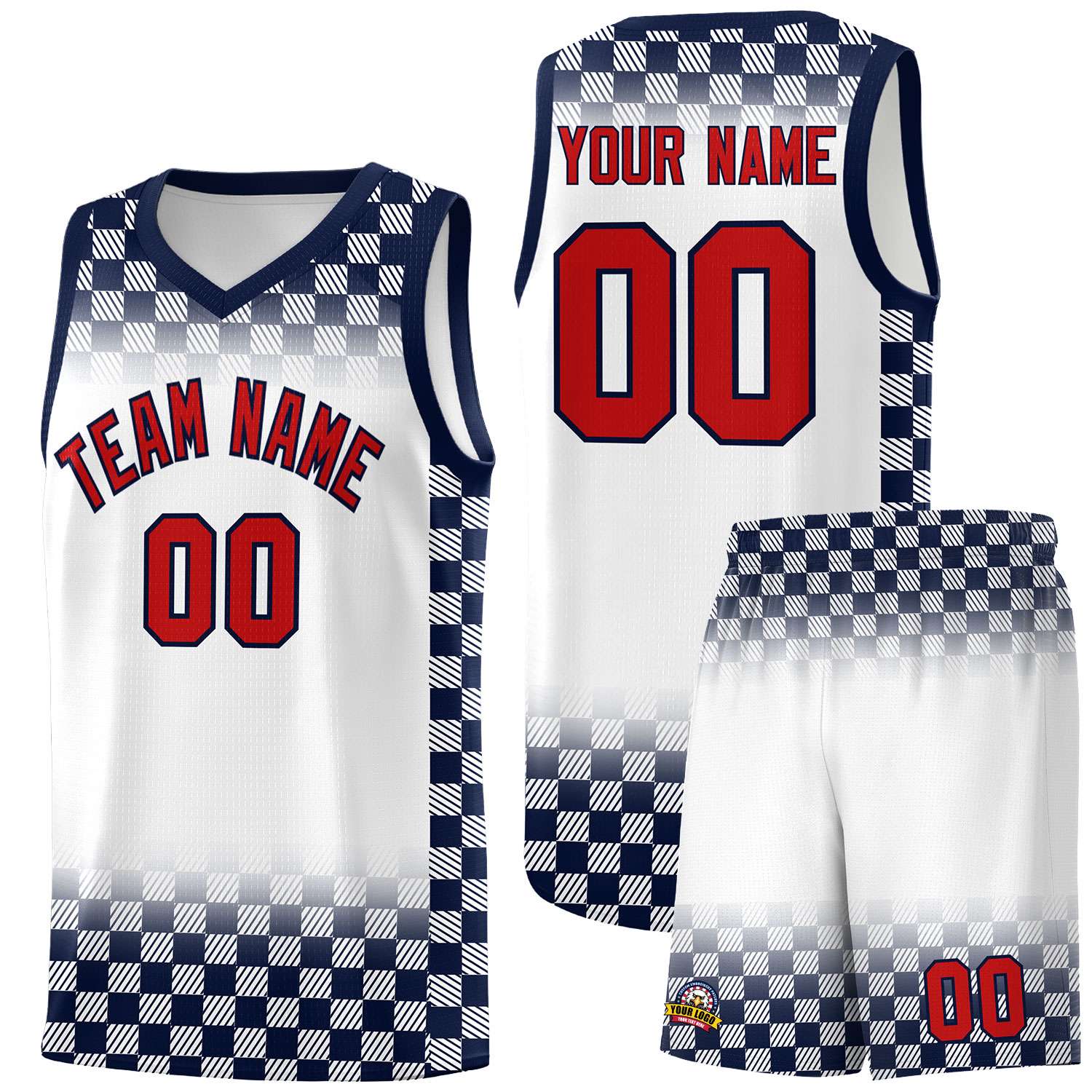 Custom White Navy Classic Plaid Pattern Sports Uniform Basketball Jersey