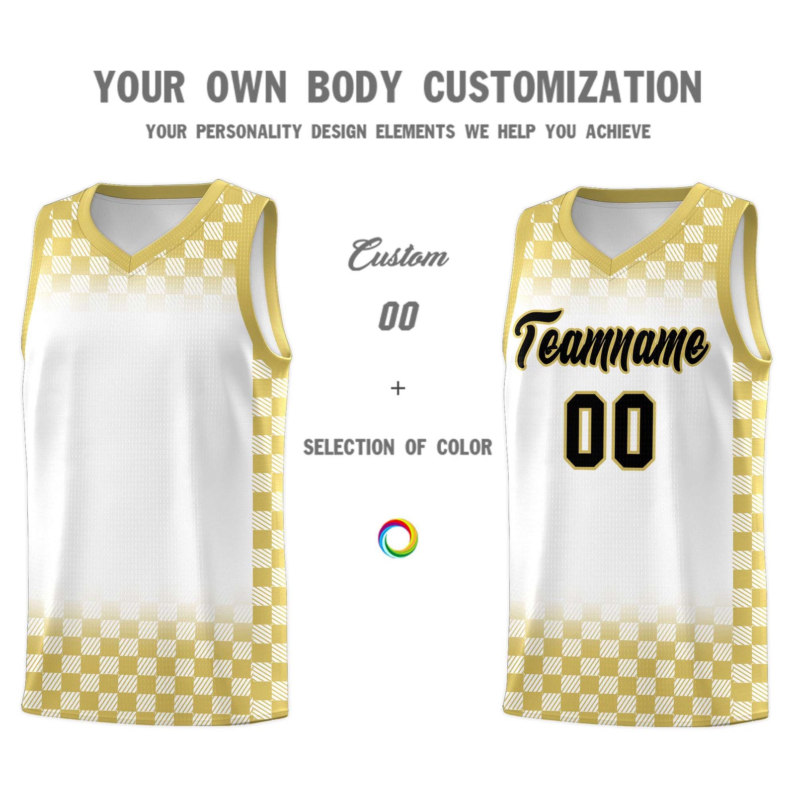 Custom White Old Gold Classic Plaid Pattern Sports Uniform Basketball Jersey