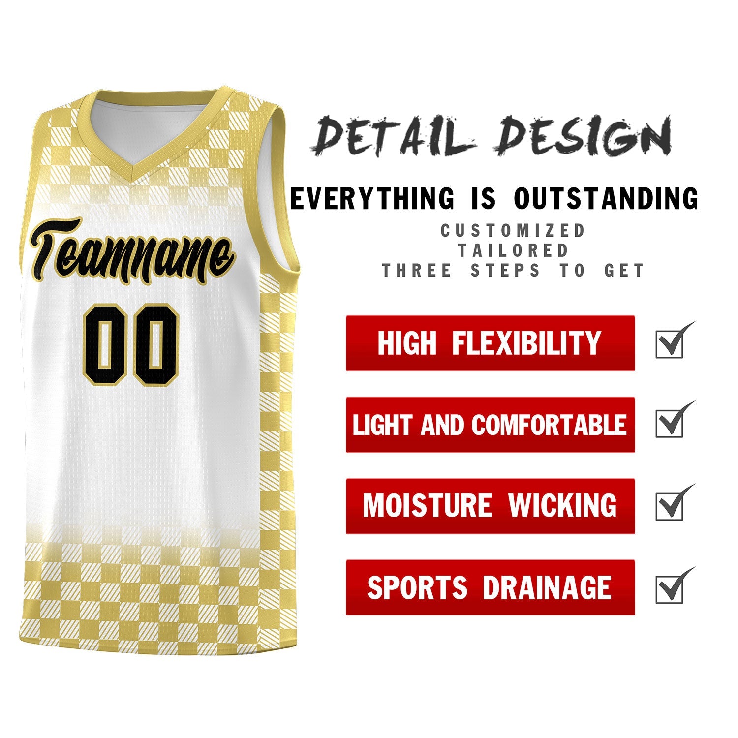 Custom White Old Gold Classic Plaid Pattern Sports Uniform Basketball Jersey