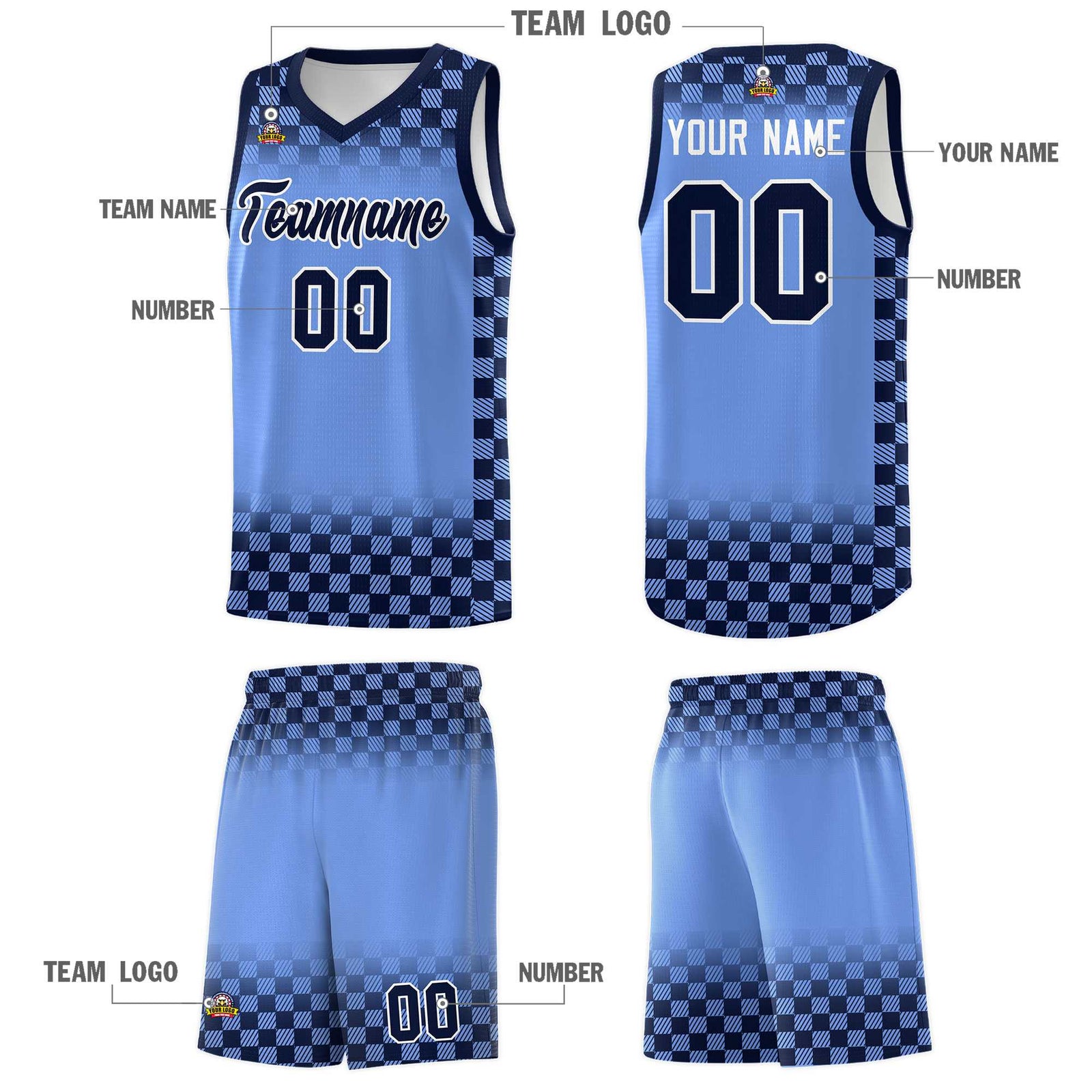 Custom Light Blue Navy Classic Plaid Pattern Sports Uniform Basketball Jersey