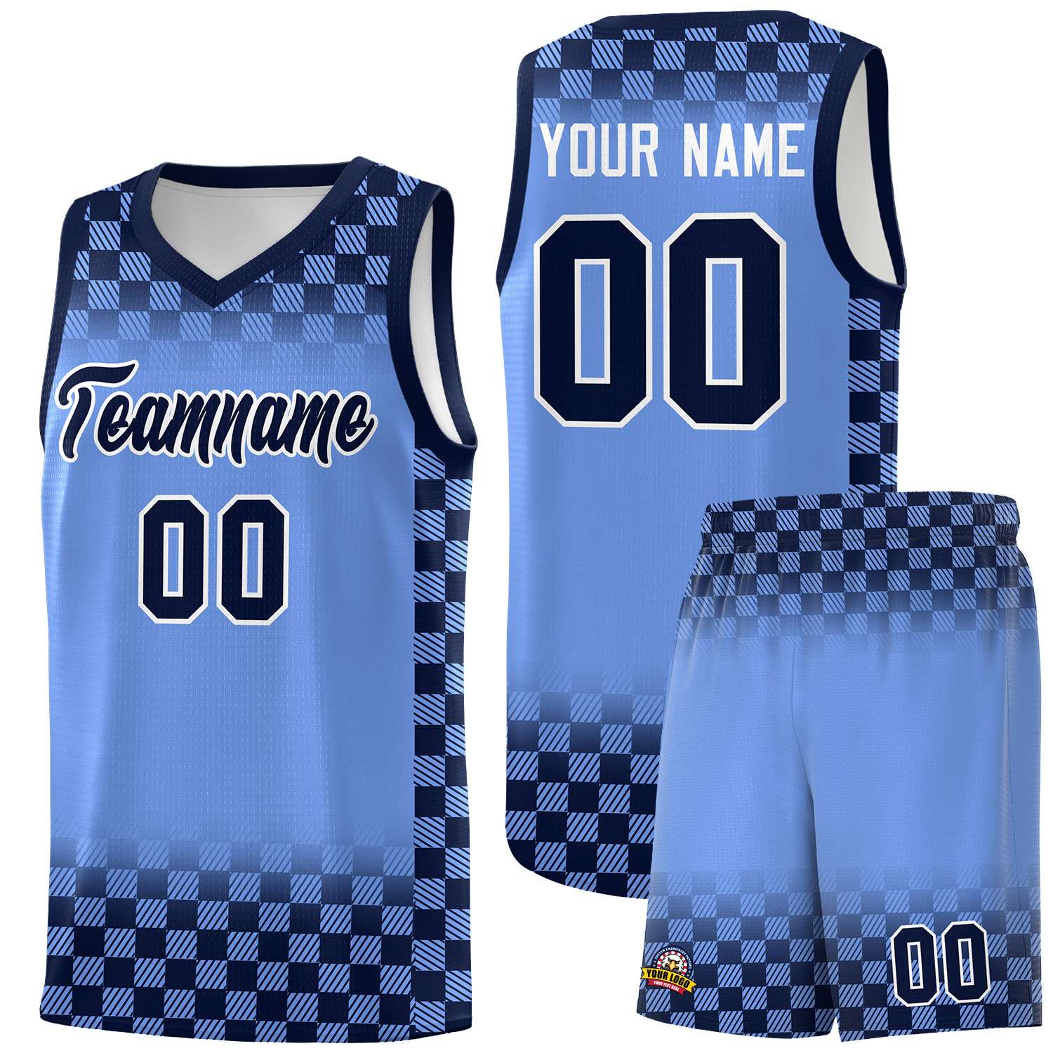 Custom Light Blue Navy Classic Plaid Pattern Sports Uniform Basketball Jersey
