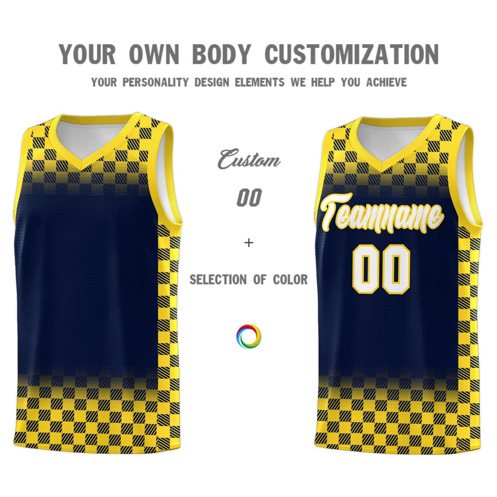 Custom Navy Gold Classic Plaid Pattern Sports Uniform Basketball Jersey