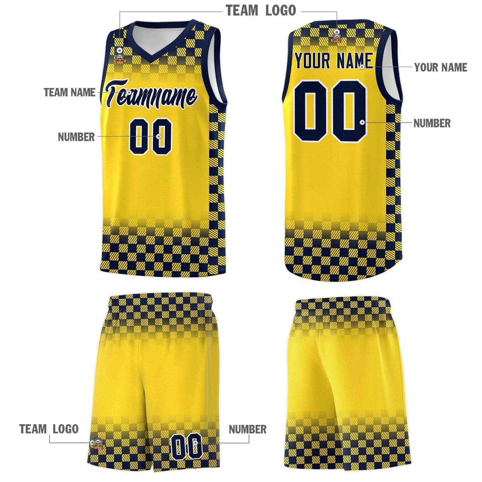Custom Gold Navy Classic Plaid Pattern Sports Uniform Basketball Jersey