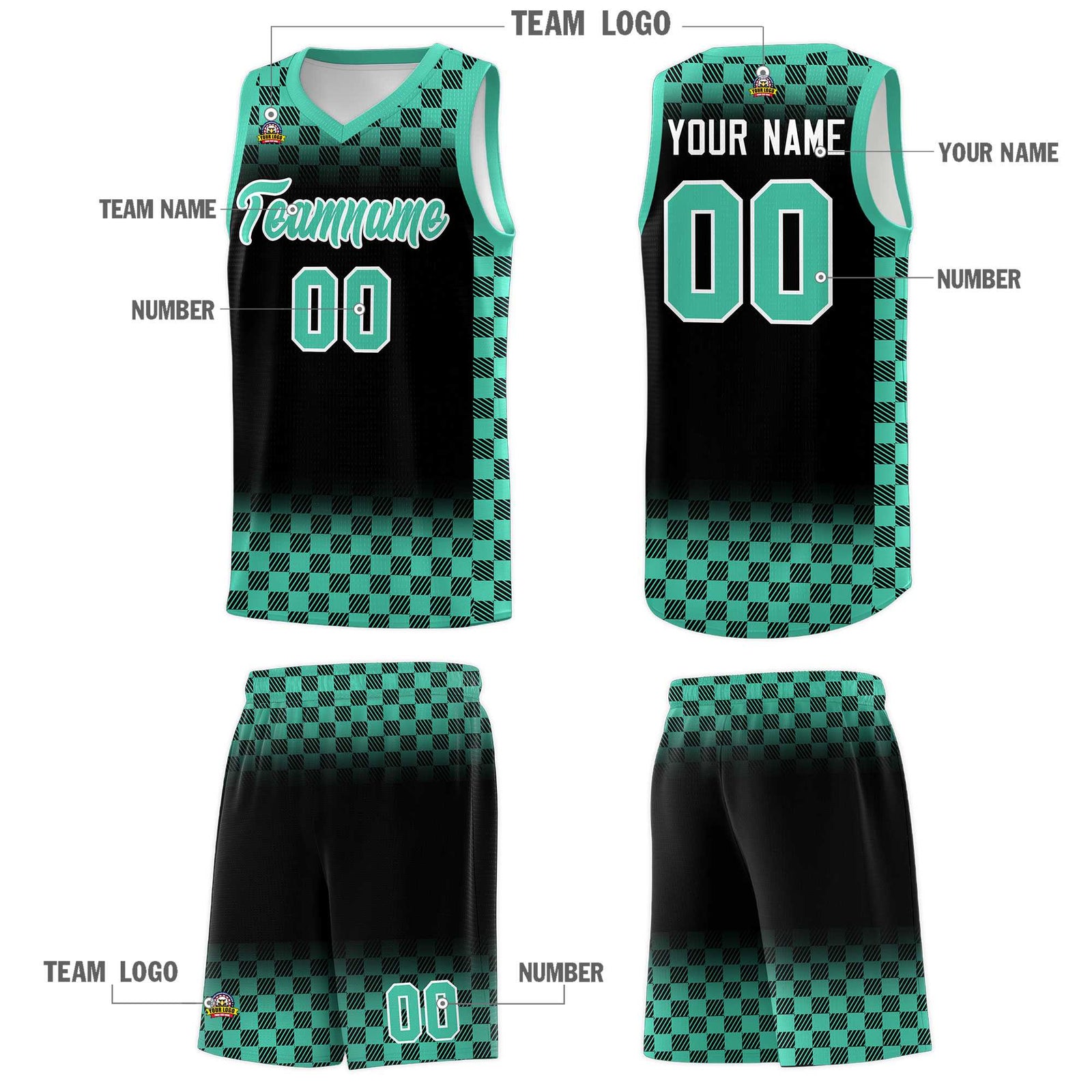 Custom Black Bright Green Classic Plaid Pattern Sports Uniform Basketball Jersey