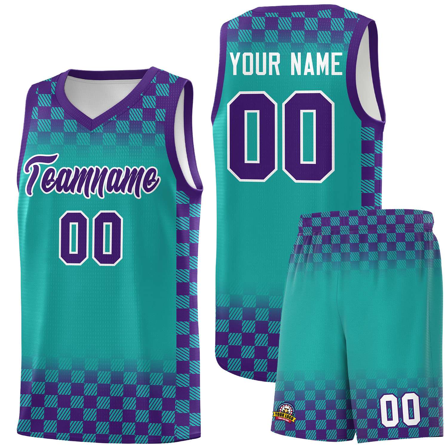 Custom Aqua Purple Classic Plaid Pattern Sports Uniform Basketball Jersey