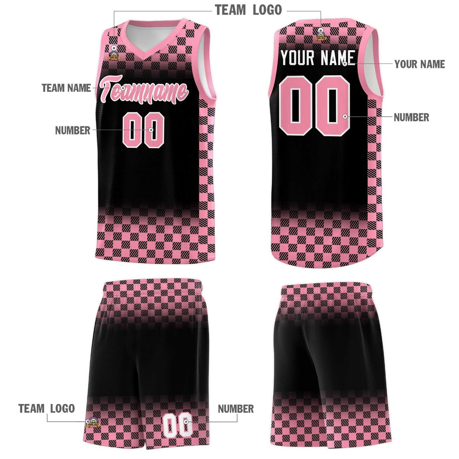 Custom Black Light Pink Classic Plaid Pattern Sports Uniform Basketball Jersey