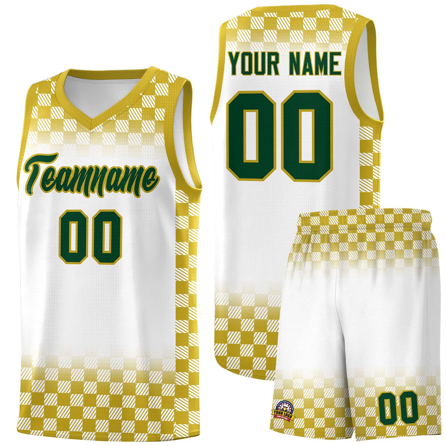 Custom White Old Gold Classic Plaid Pattern Sports Uniform Basketball Jersey