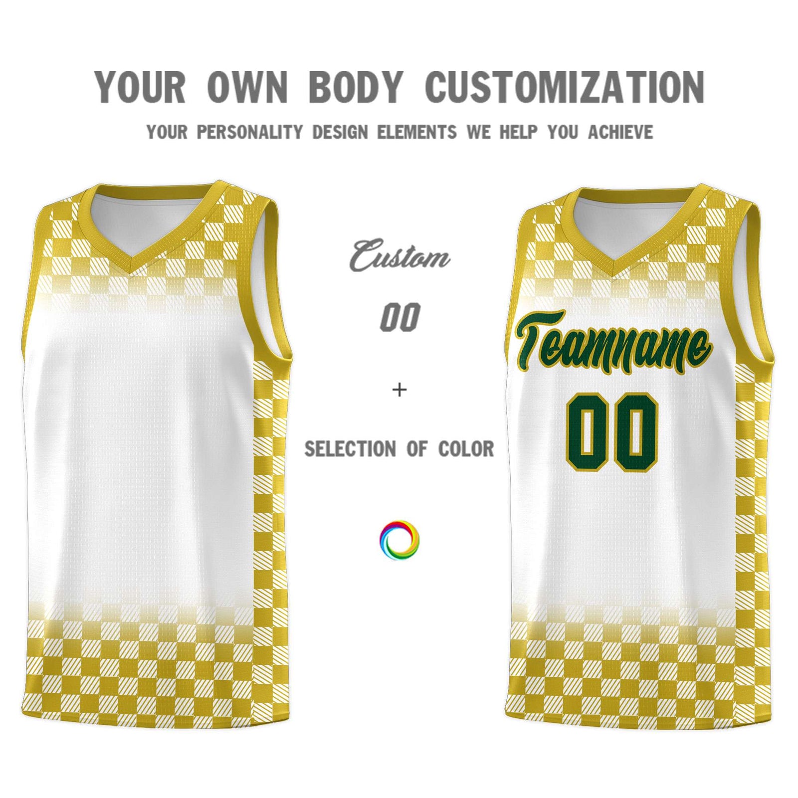 Custom White Old Gold Classic Plaid Pattern Sports Uniform Basketball Jersey
