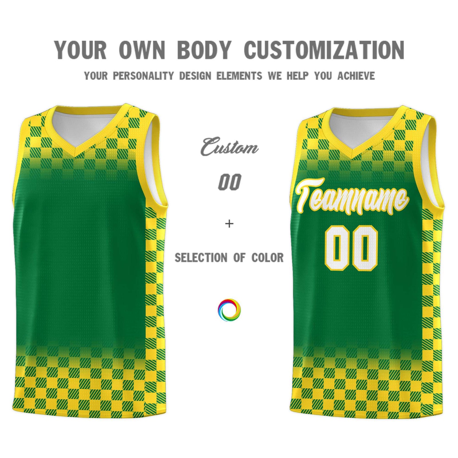 Custom Kelly Green Gold Classic Plaid Pattern Sports Uniform Basketball Jersey