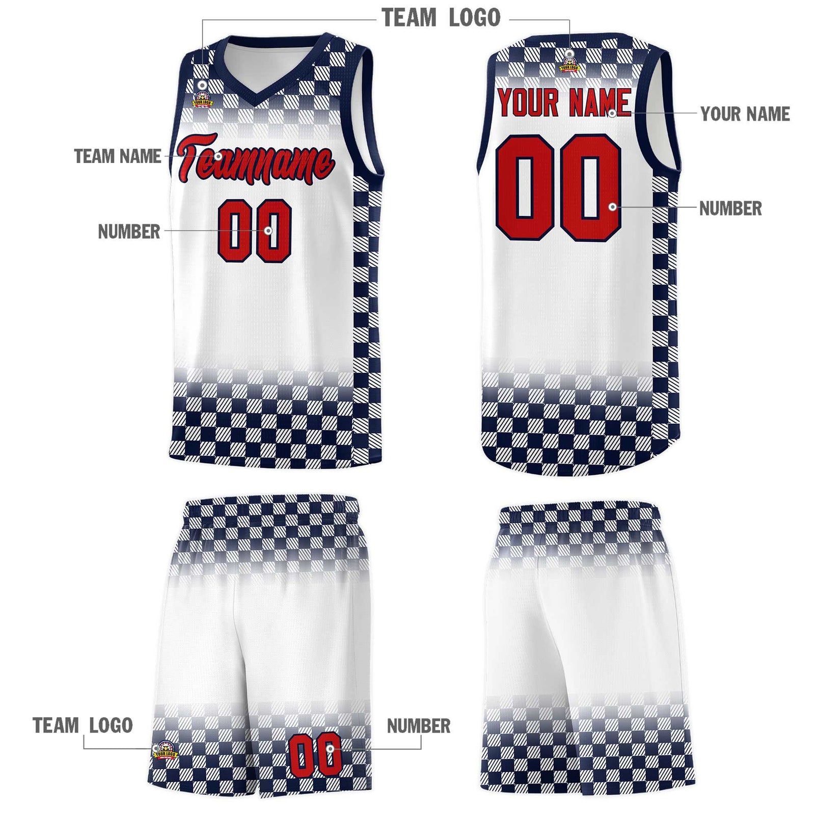 Custom White Navy Classic Plaid Pattern Sports Uniform Basketball Jersey