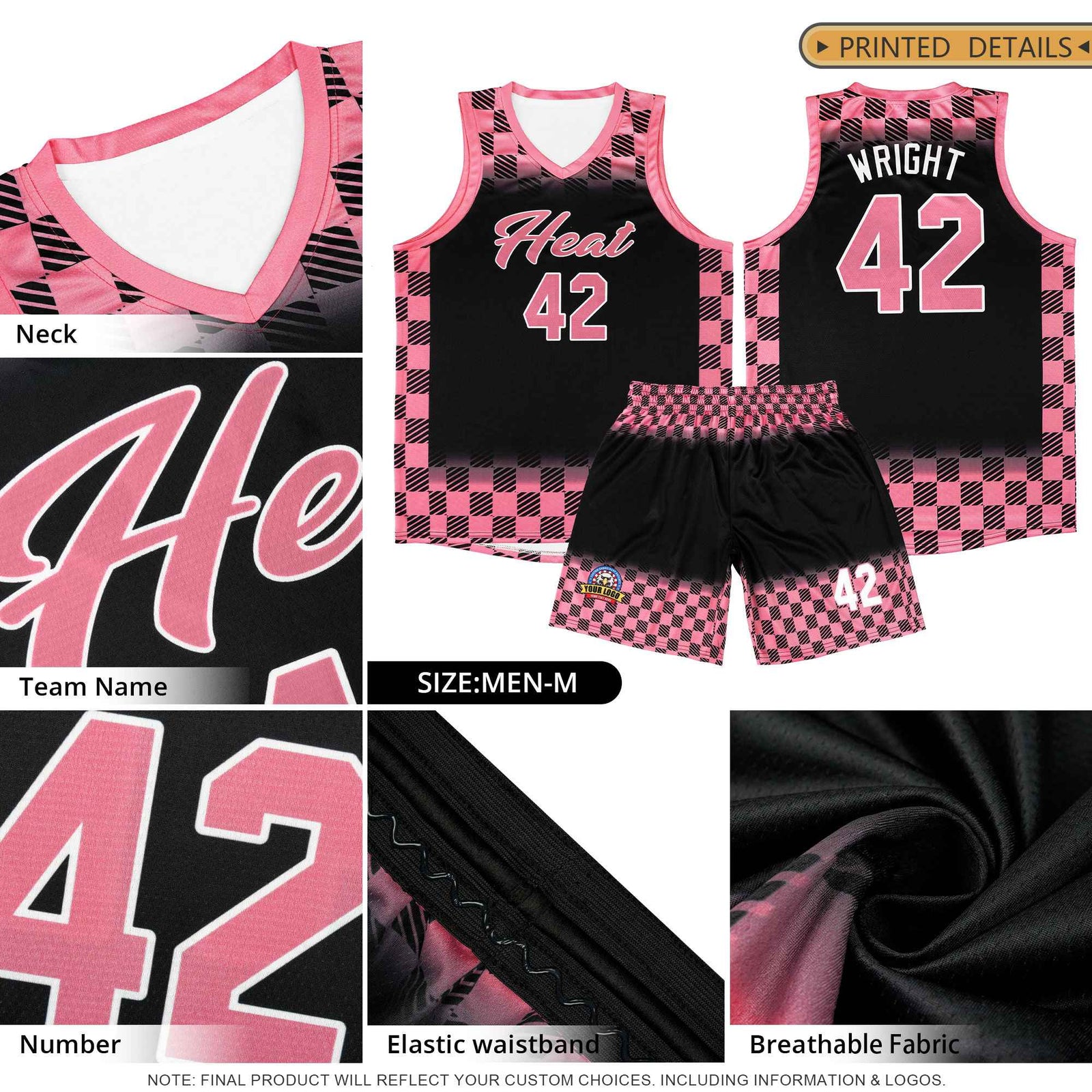 Custom White Pink Classic Plaid Pattern Sports Uniform Basketball Jersey