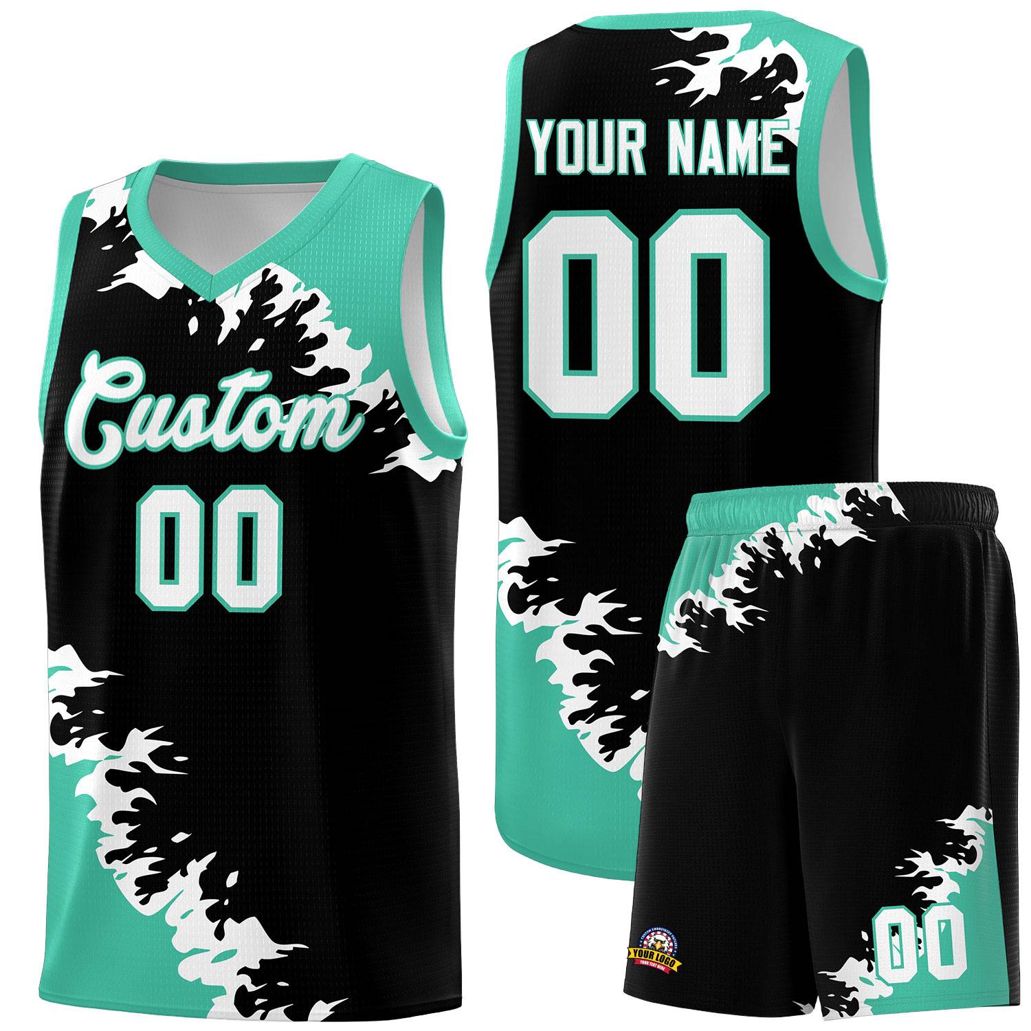 Custom Black Bright Green-White Sparkle Print Pattern Basketball Kits