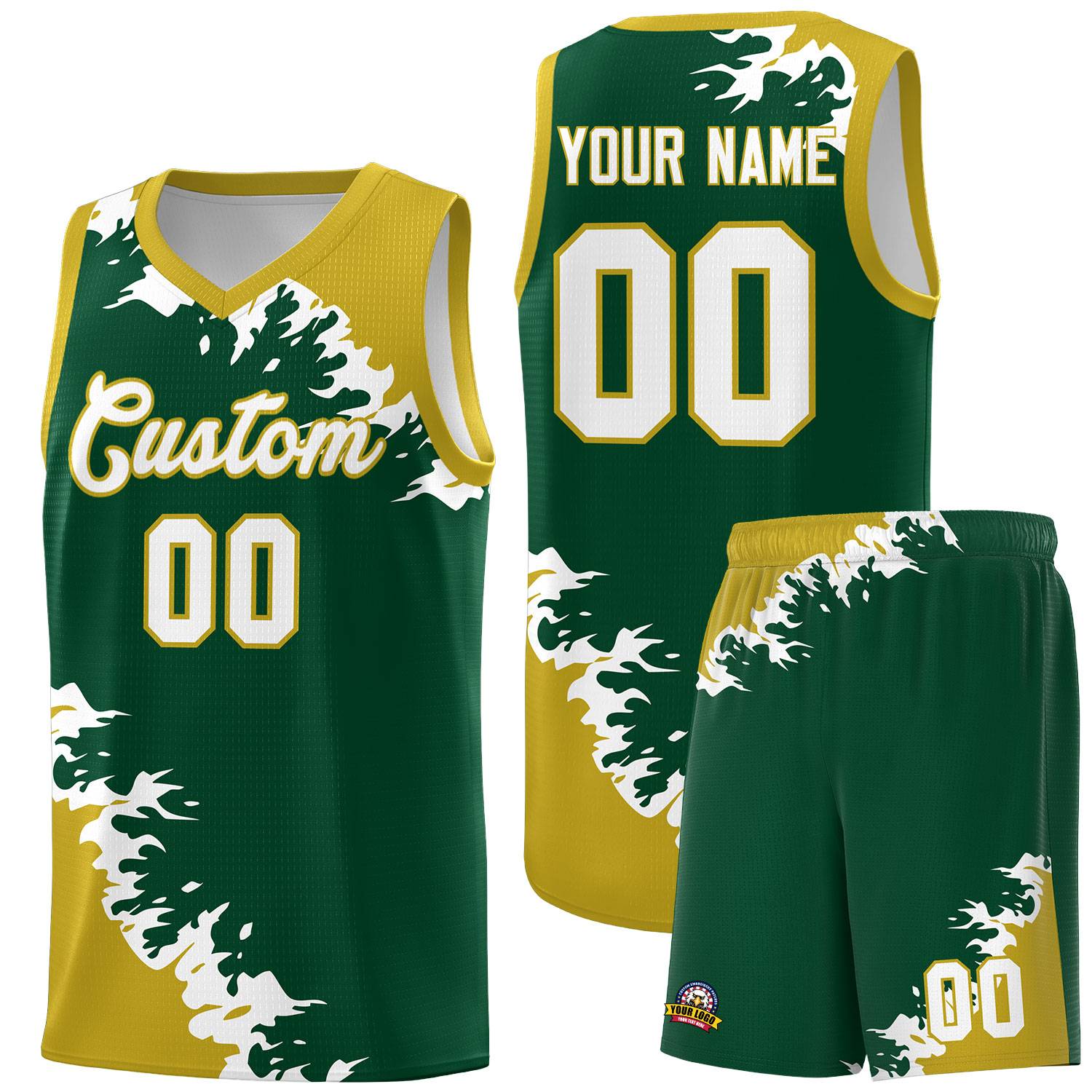 Custom Green Old Gold-White Sparkle Print Pattern Basketball Kits
