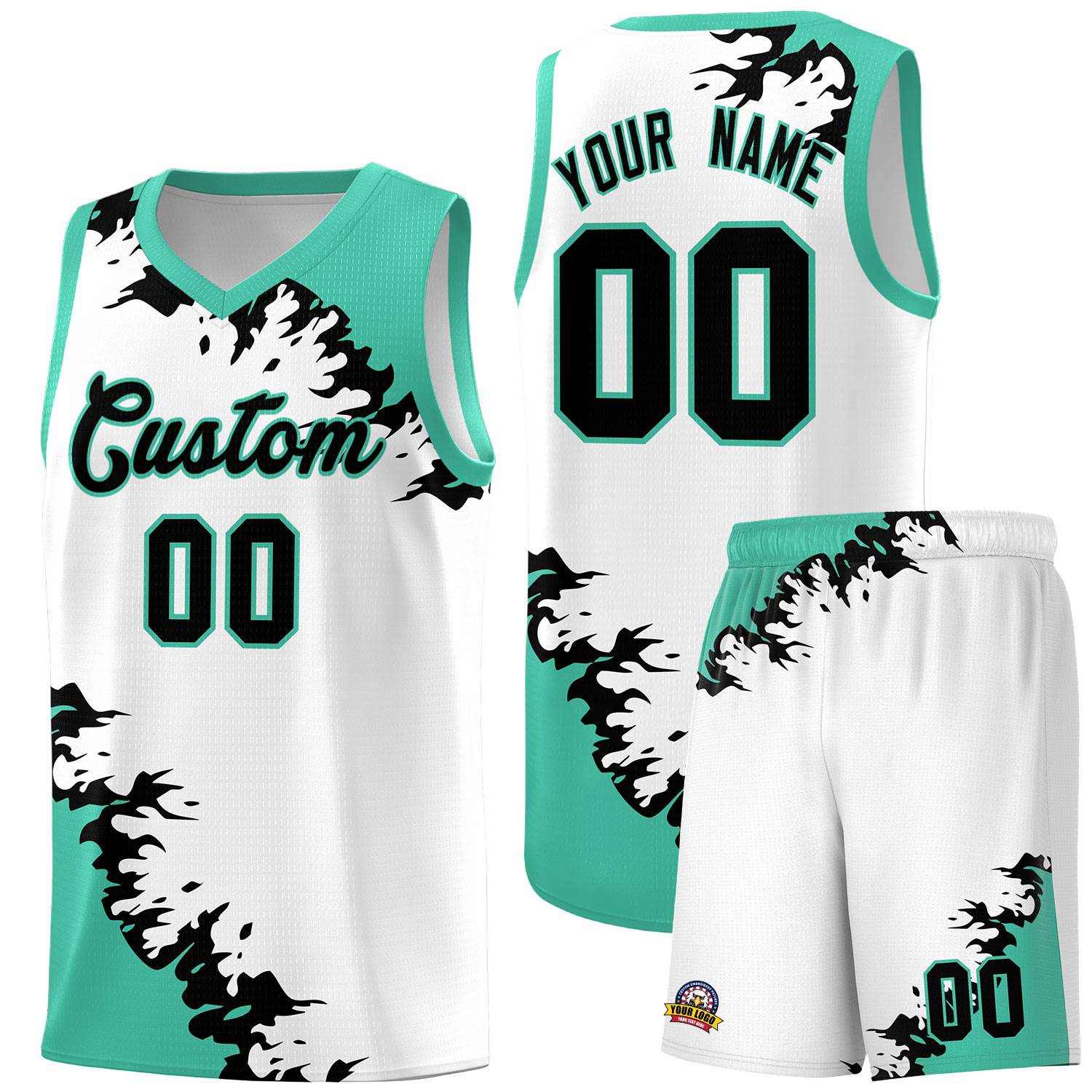 Custom White Black-Bright Green Sparkle Print Pattern Basketball Kits