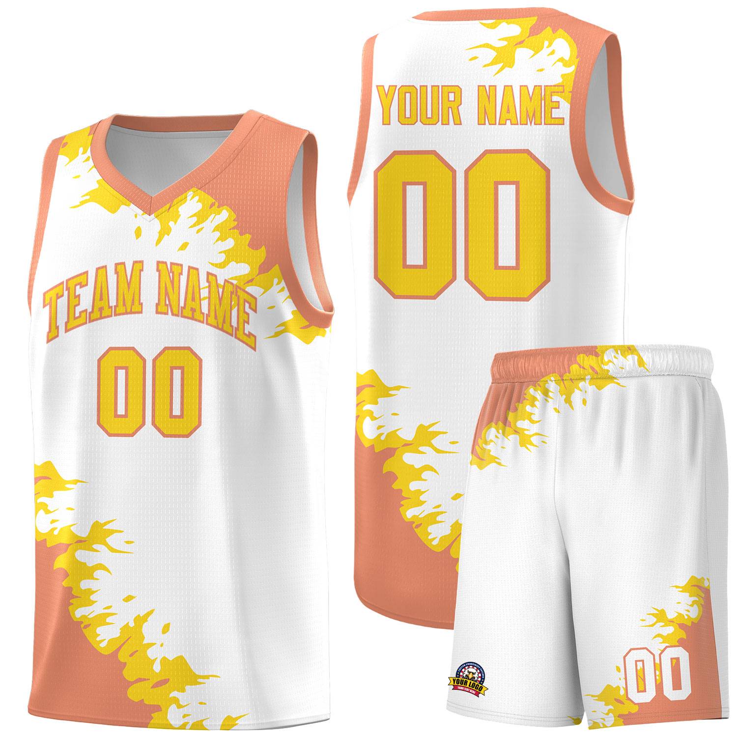 Custom White Light Orange-Gold Sparkle Print Pattern Basketball Kits