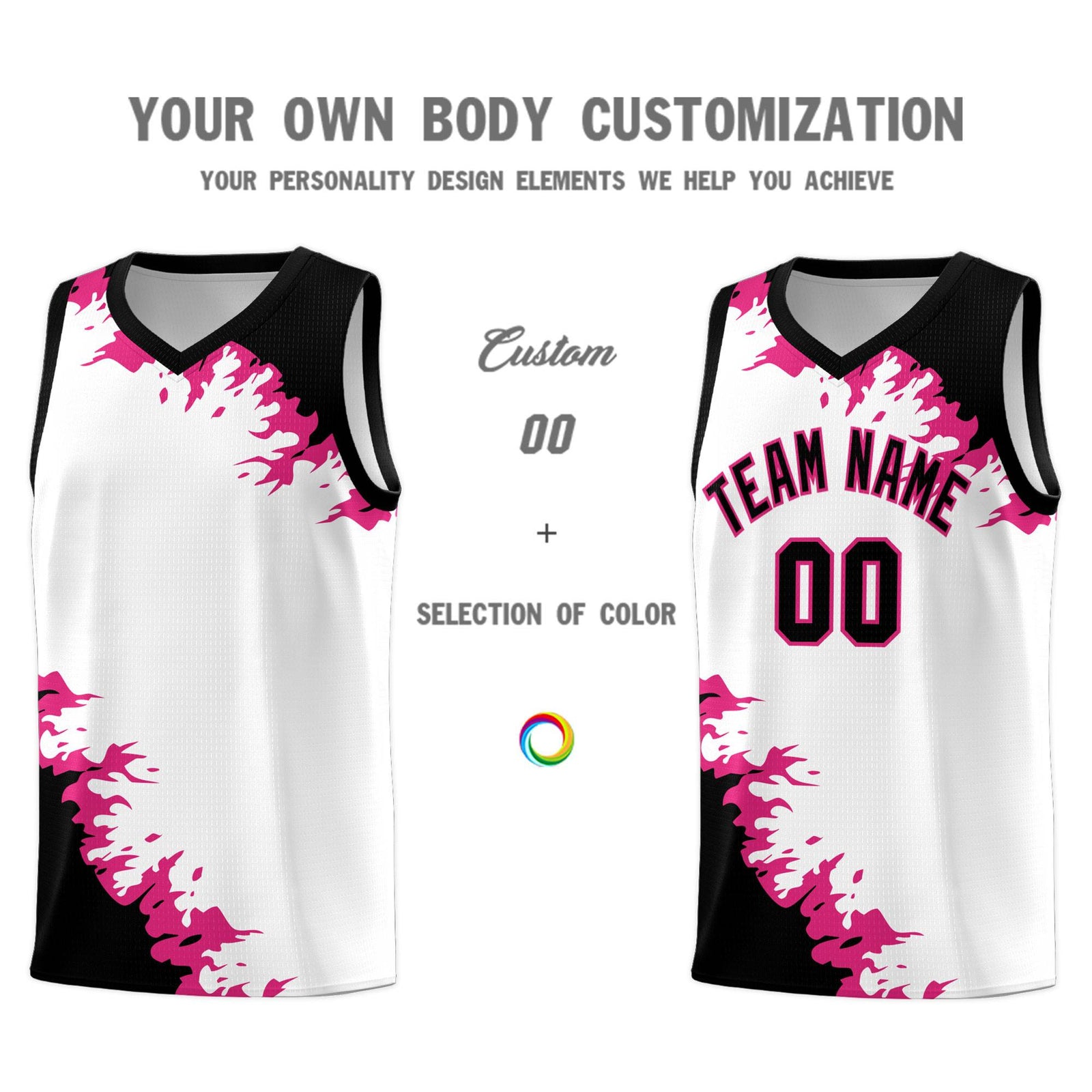 Custom White Black-Rose Red Sparkle Print Pattern Basketball Kits