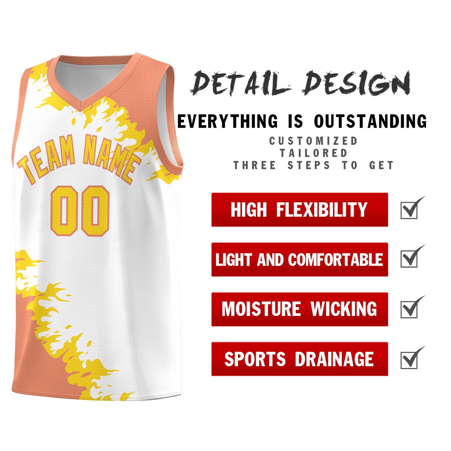 Custom White Light Orange-Gold Sparkle Print Pattern Basketball Kits
