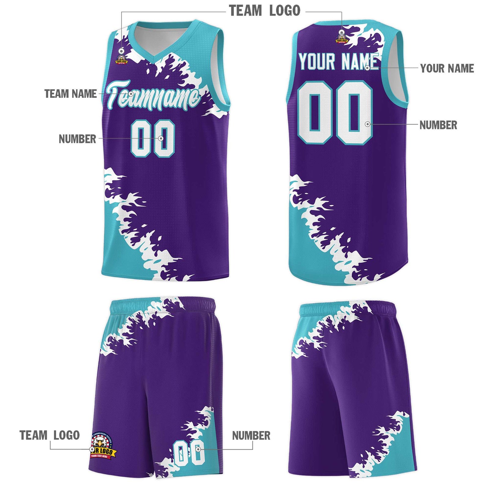 Custom Purple Sky Blue-White Sparkle Print Pattern Basketball Kits