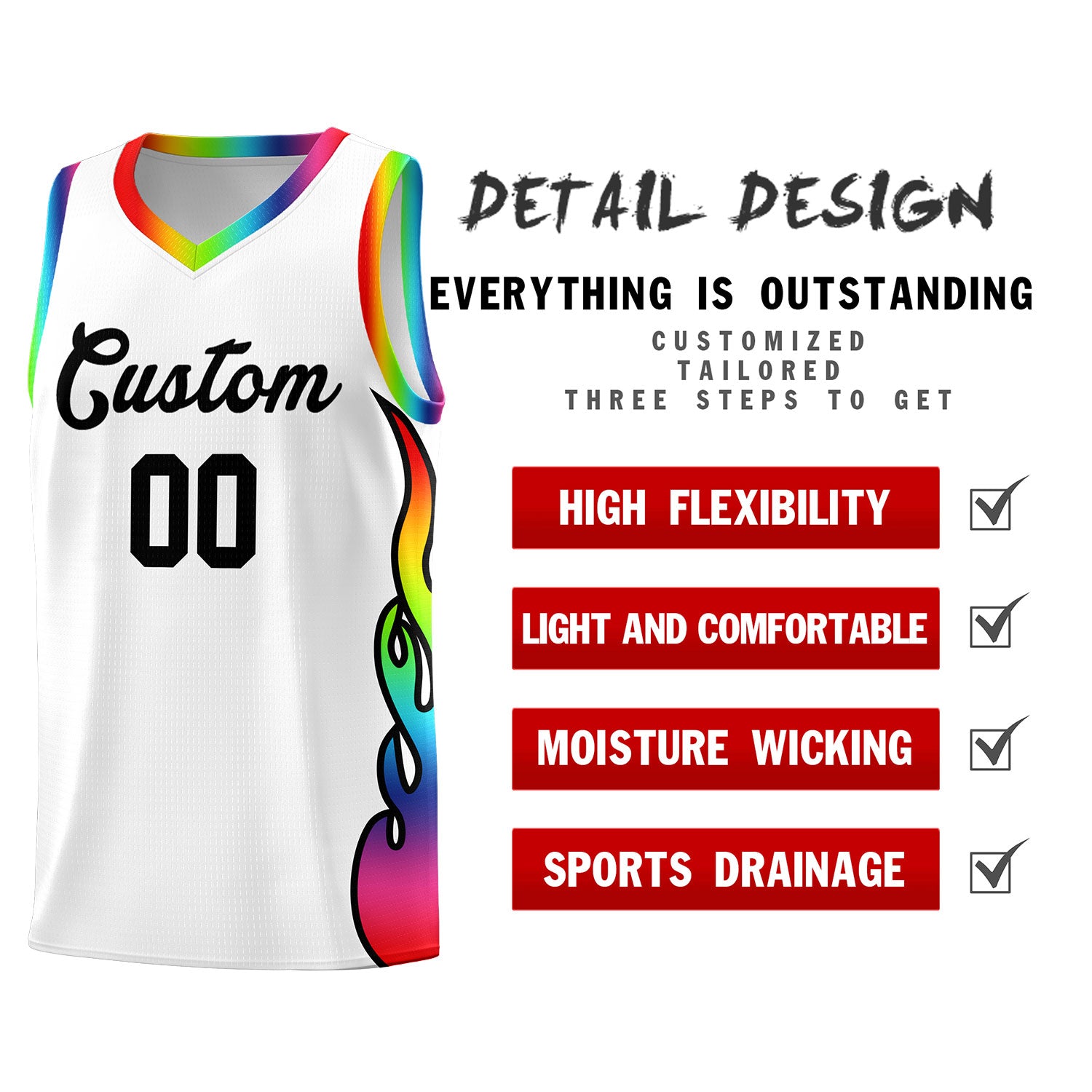 Custom White Side Flame Pattern Fashion Sports Uniform Basketball Jersey