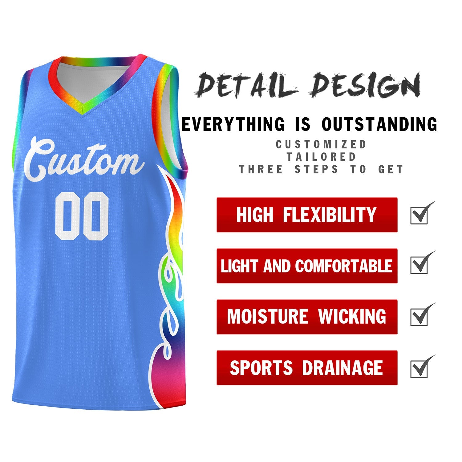 Custom Powder Blue Side Flame Pattern Fashion Sports Uniform Basketball Jersey