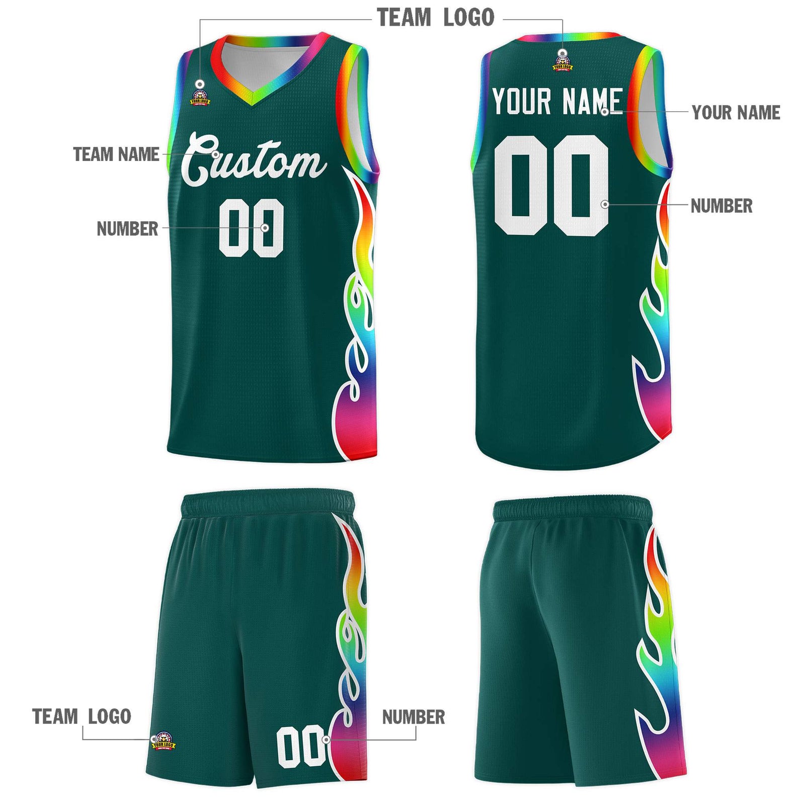 Custom Midnight Green Side Flame Pattern Fashion Sports Uniform Basketball Jersey