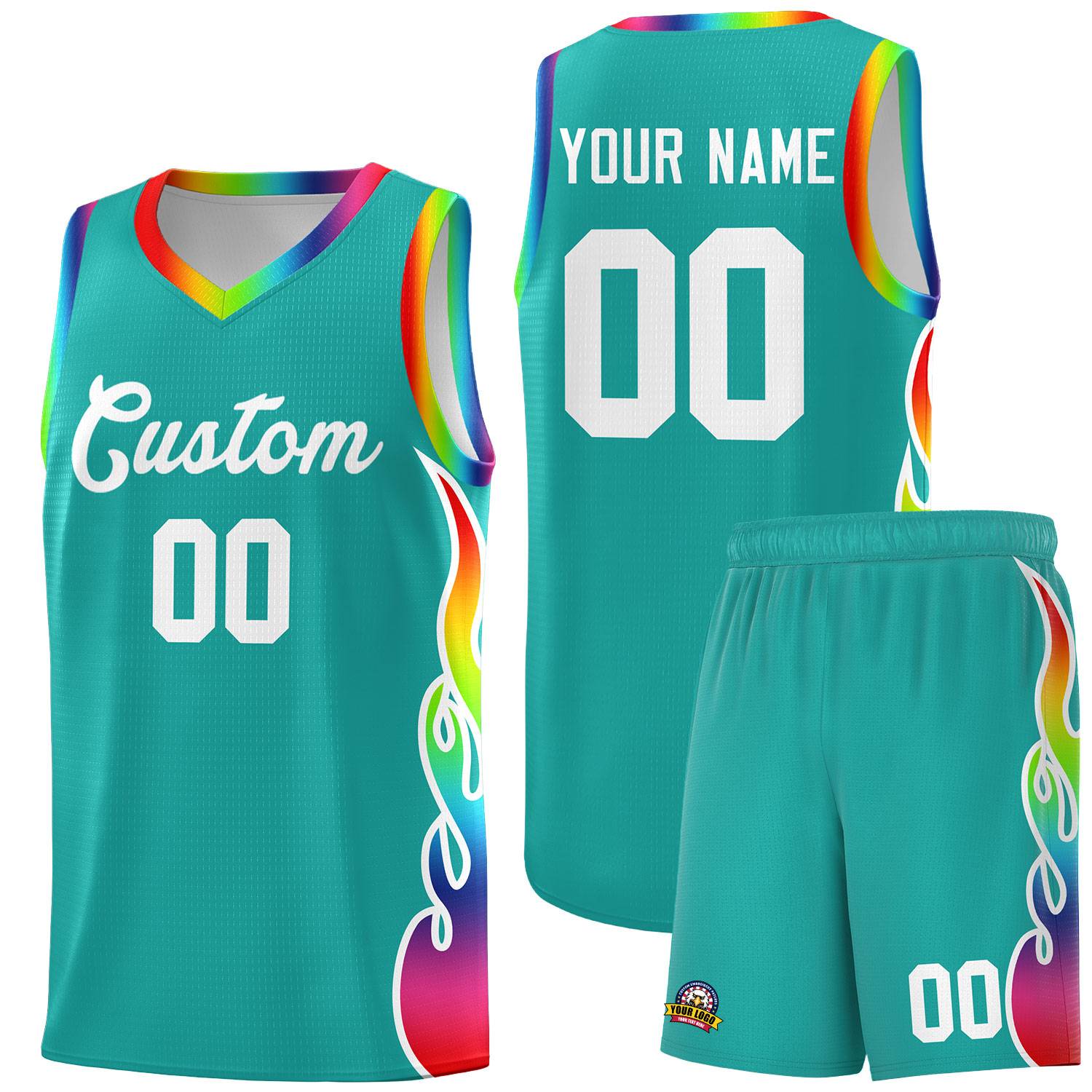 Custom Aqua Side Flame Pattern Fashion Sports Uniform Basketball Jersey