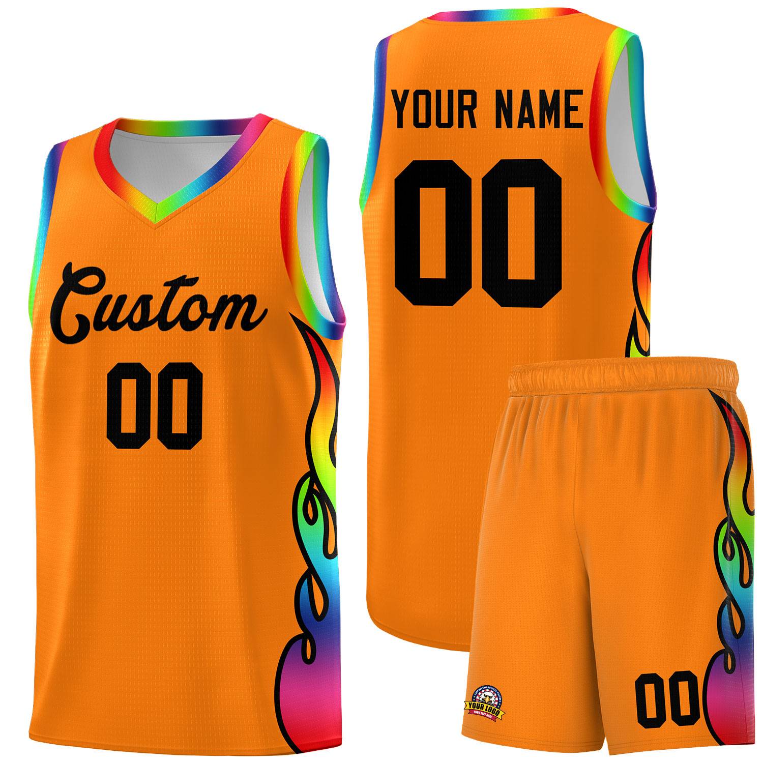 Custom Orange Side Flame Pattern Fashion Sports Uniform Basketball Jersey