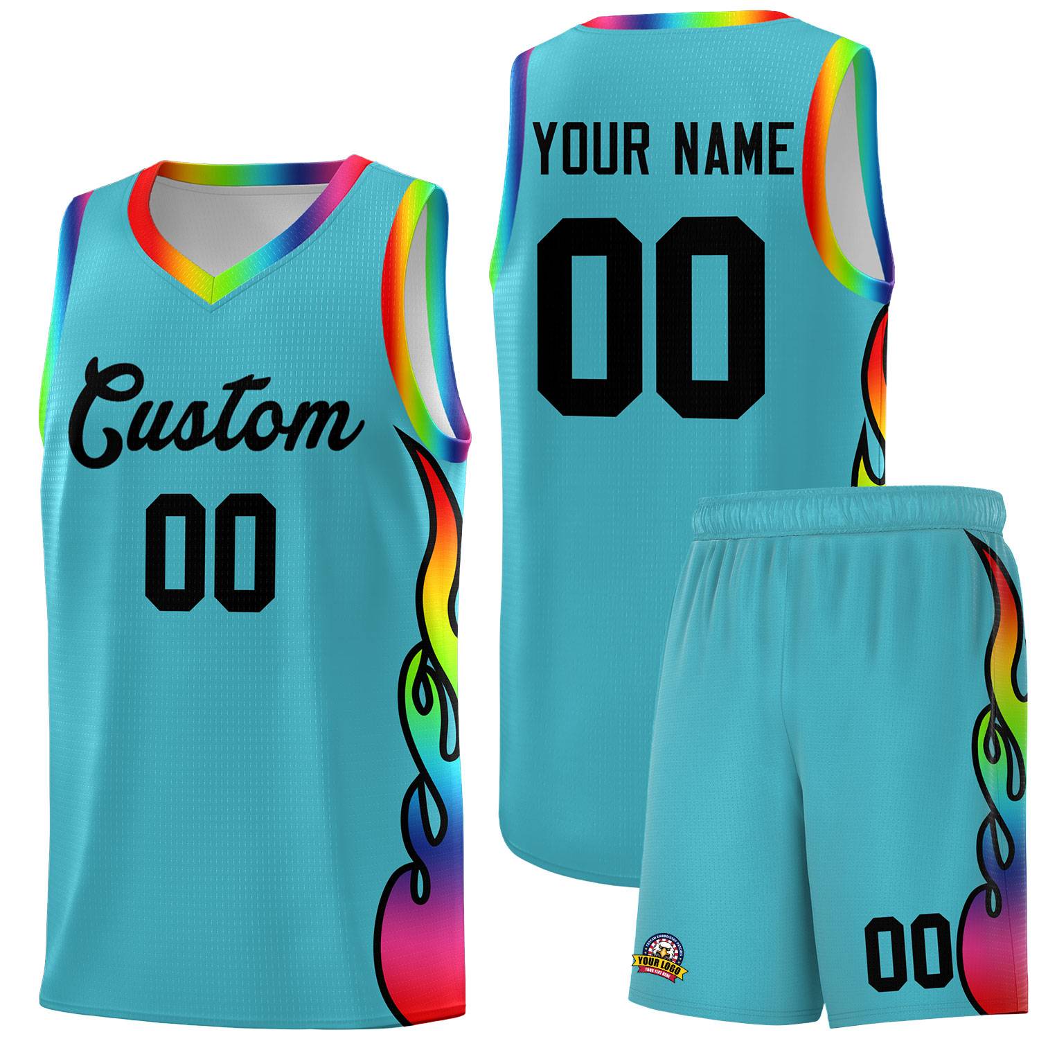 Custom Sky Blue Side Flame Pattern Fashion Sports Uniform Basketball Jersey
