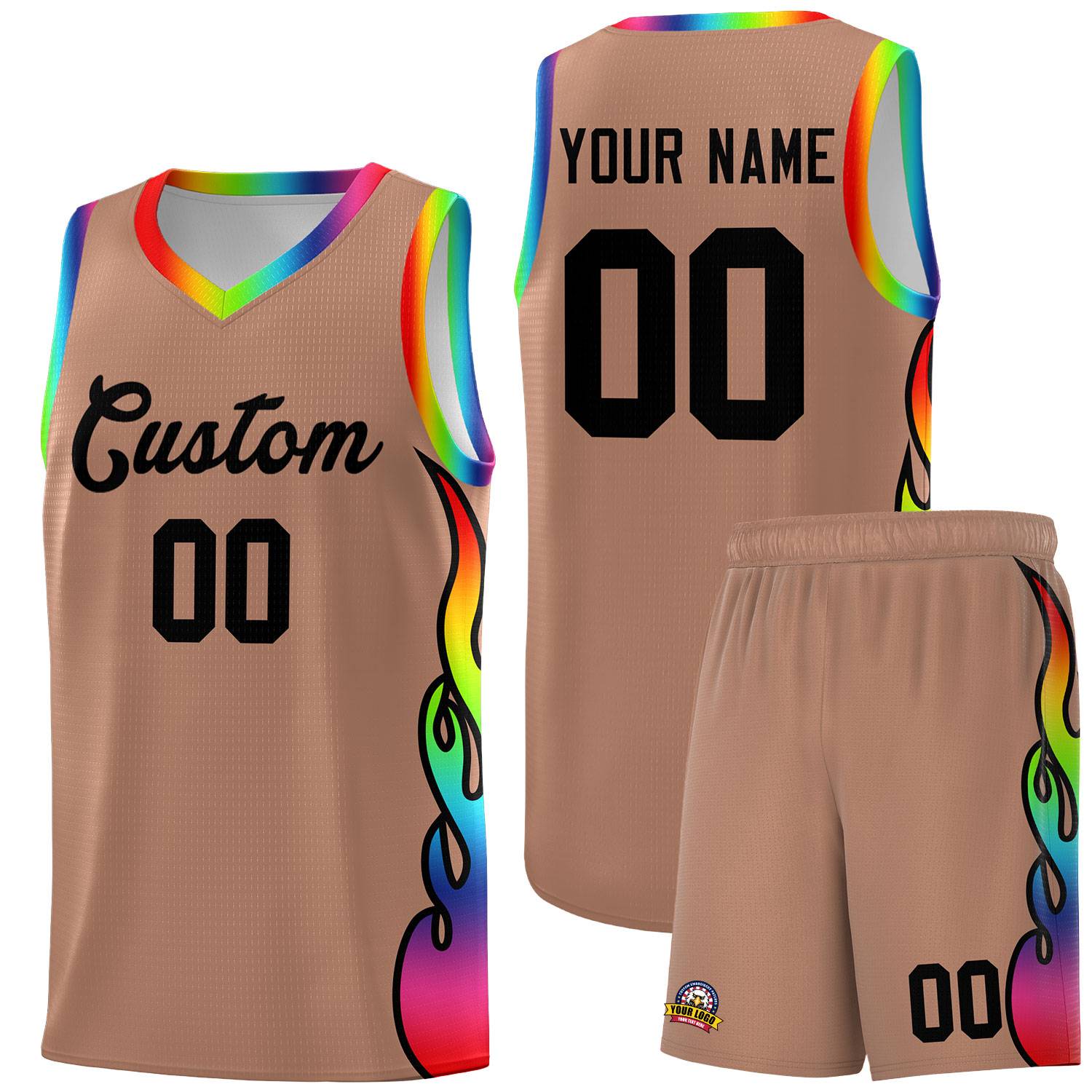 Custom Light Brown Side Flame Pattern Fashion Sports Uniform Basketball Jersey