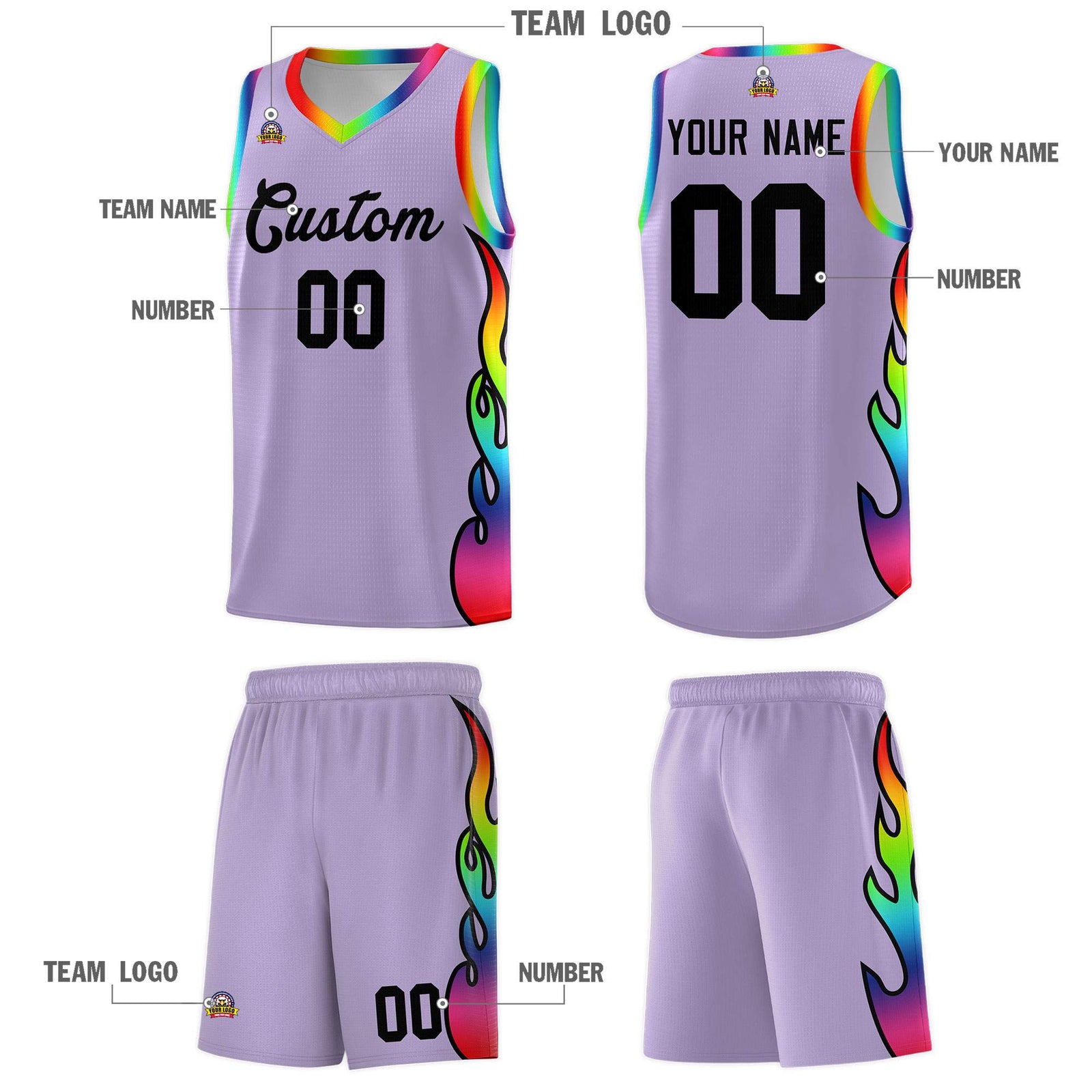 Custom Light Purple Side Flame Pattern Fashion Sports Uniform Basketball Jersey