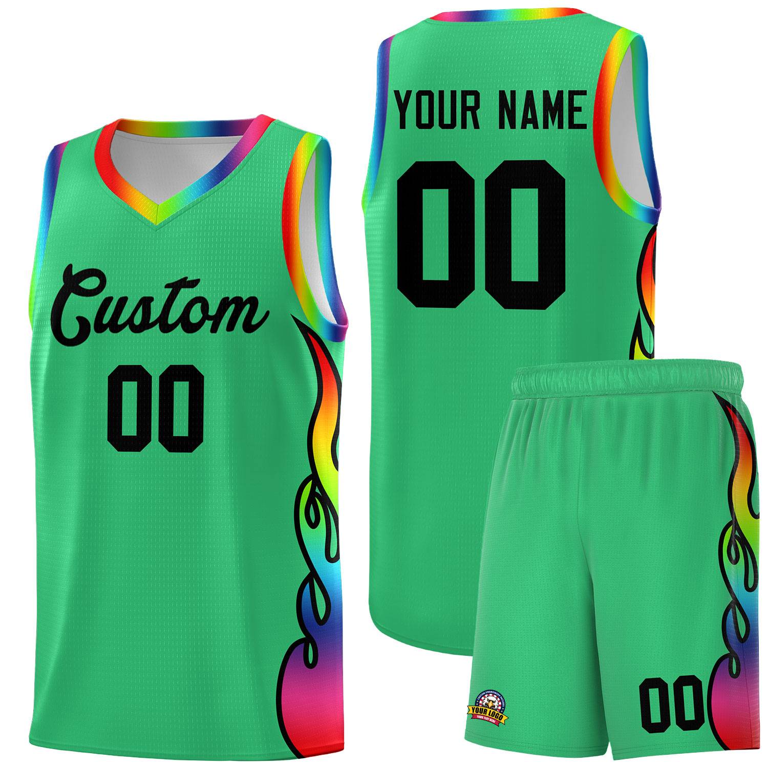 Custom Kelly Green Side Flame Pattern Fashion Sports Uniform Basketball Jersey