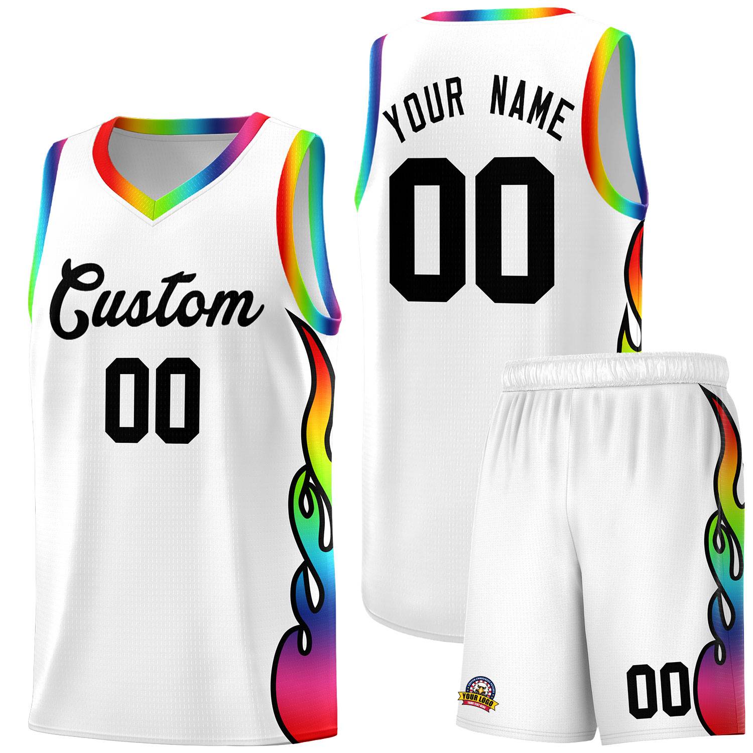 Custom White Side Flame Pattern Fashion Sports Uniform Basketball Jersey