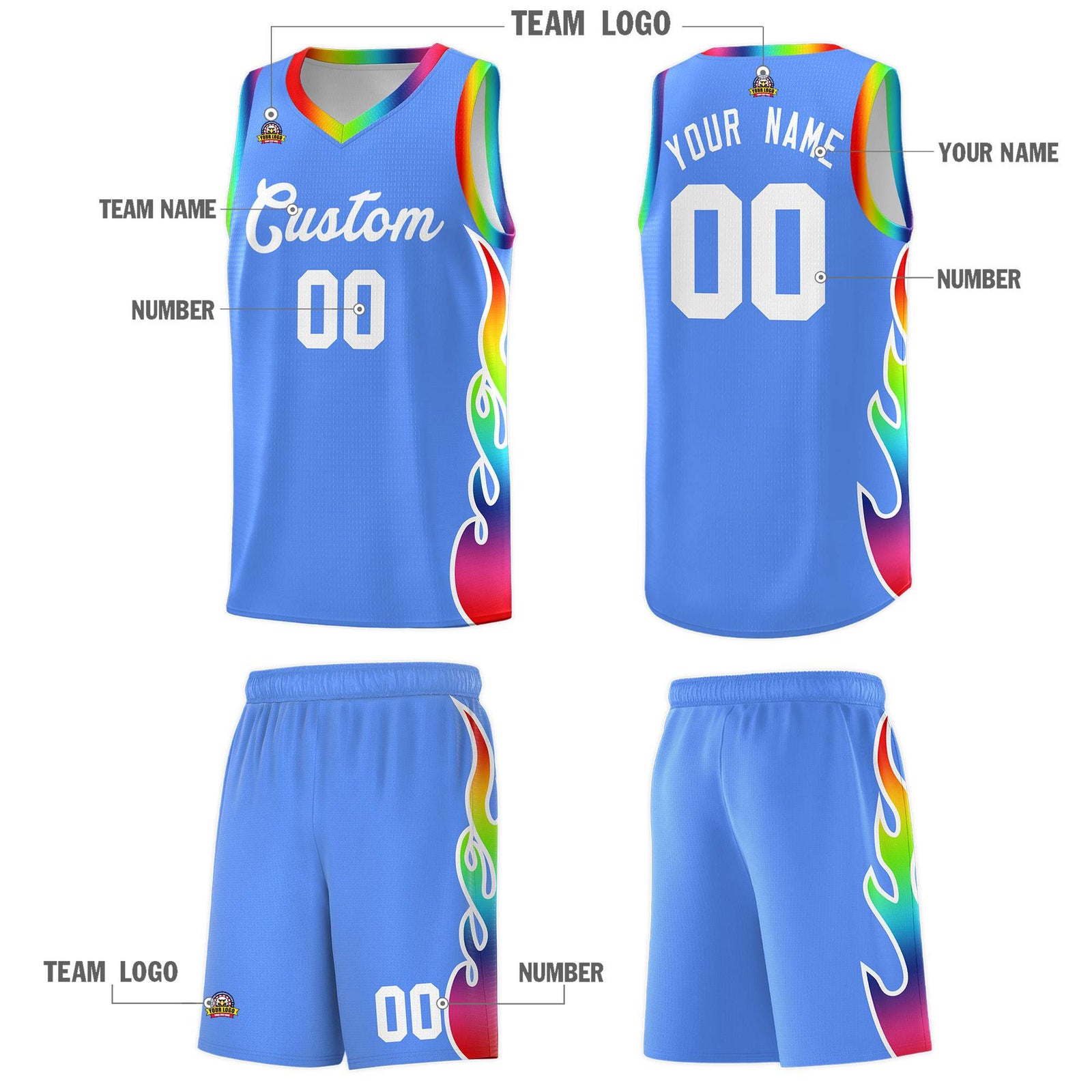 Custom Powder Blue Side Flame Pattern Fashion Sports Uniform Basketball Jersey