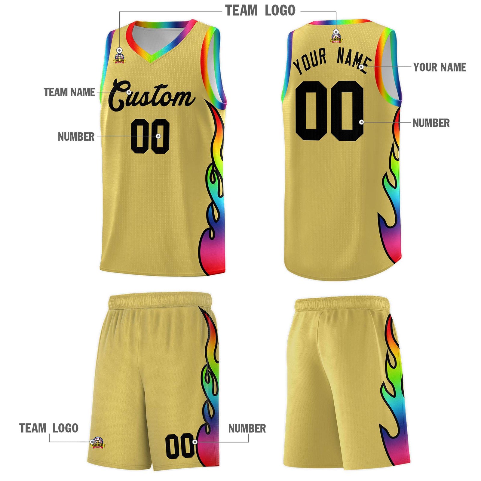 Custom Old Gold Side Flame Pattern Fashion Sports Uniform Basketball Jersey