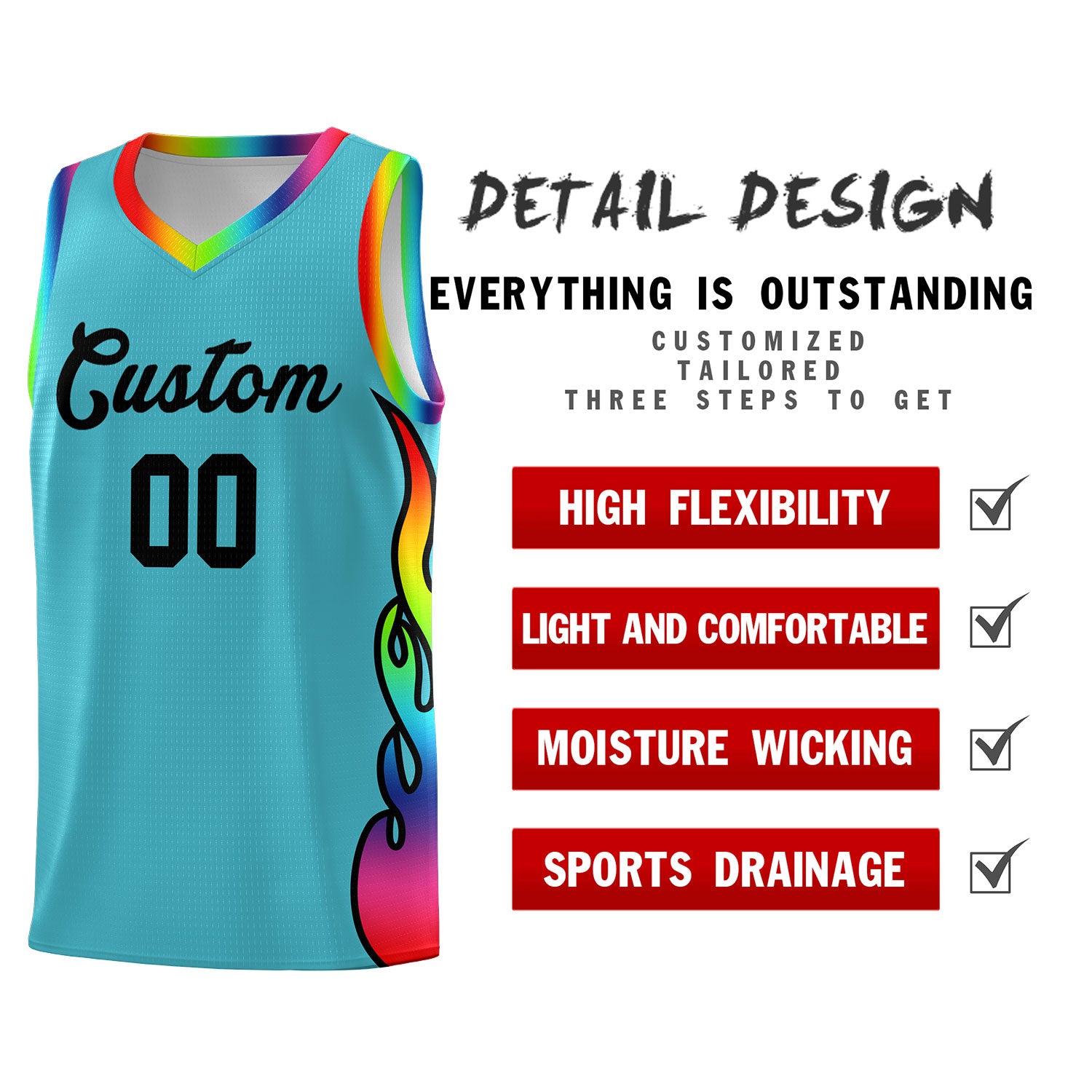 Custom Sky Blue Side Flame Pattern Fashion Sports Uniform Basketball Jersey