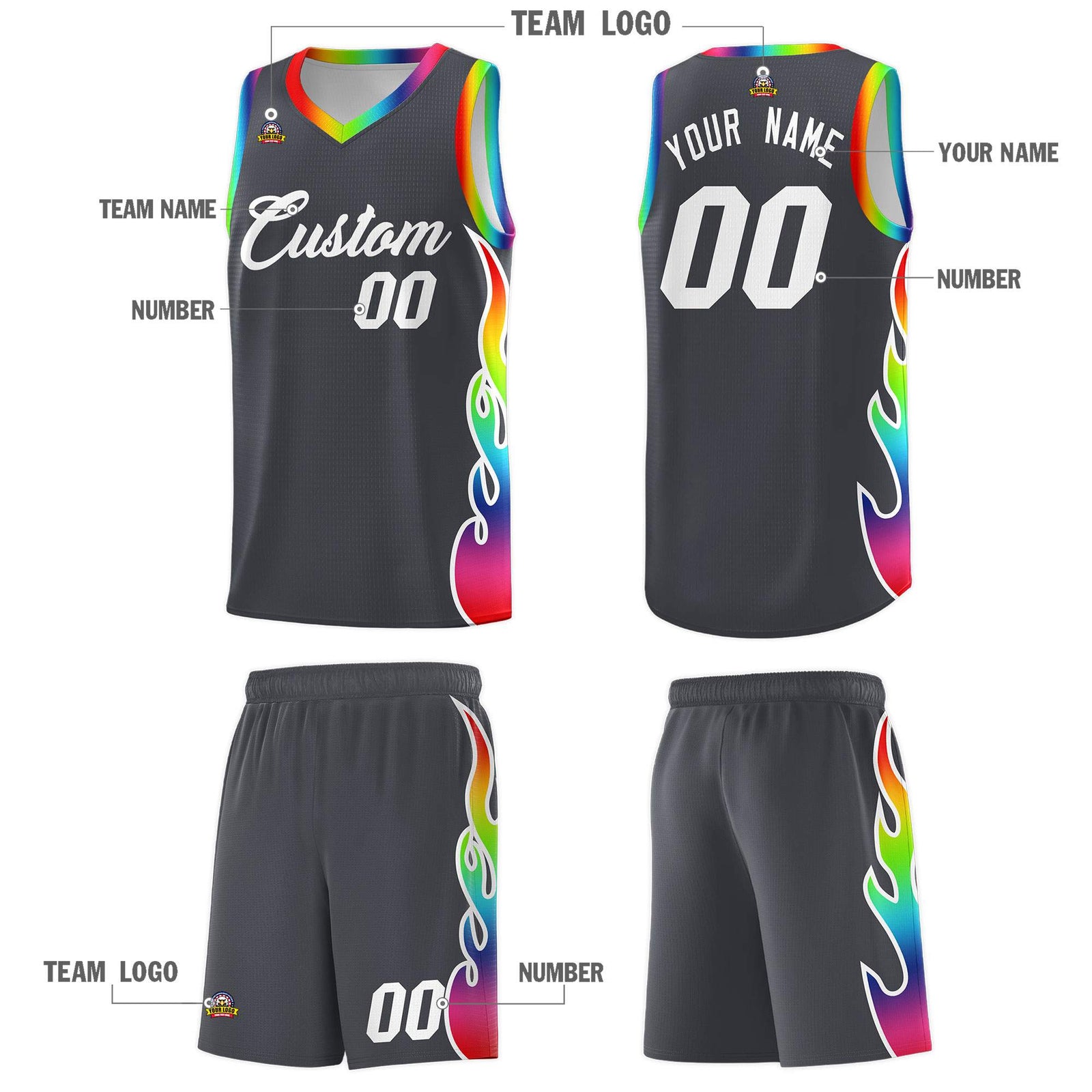 Custom Dark Gray Side Flame Pattern Fashion Sports Uniform Basketball Jersey