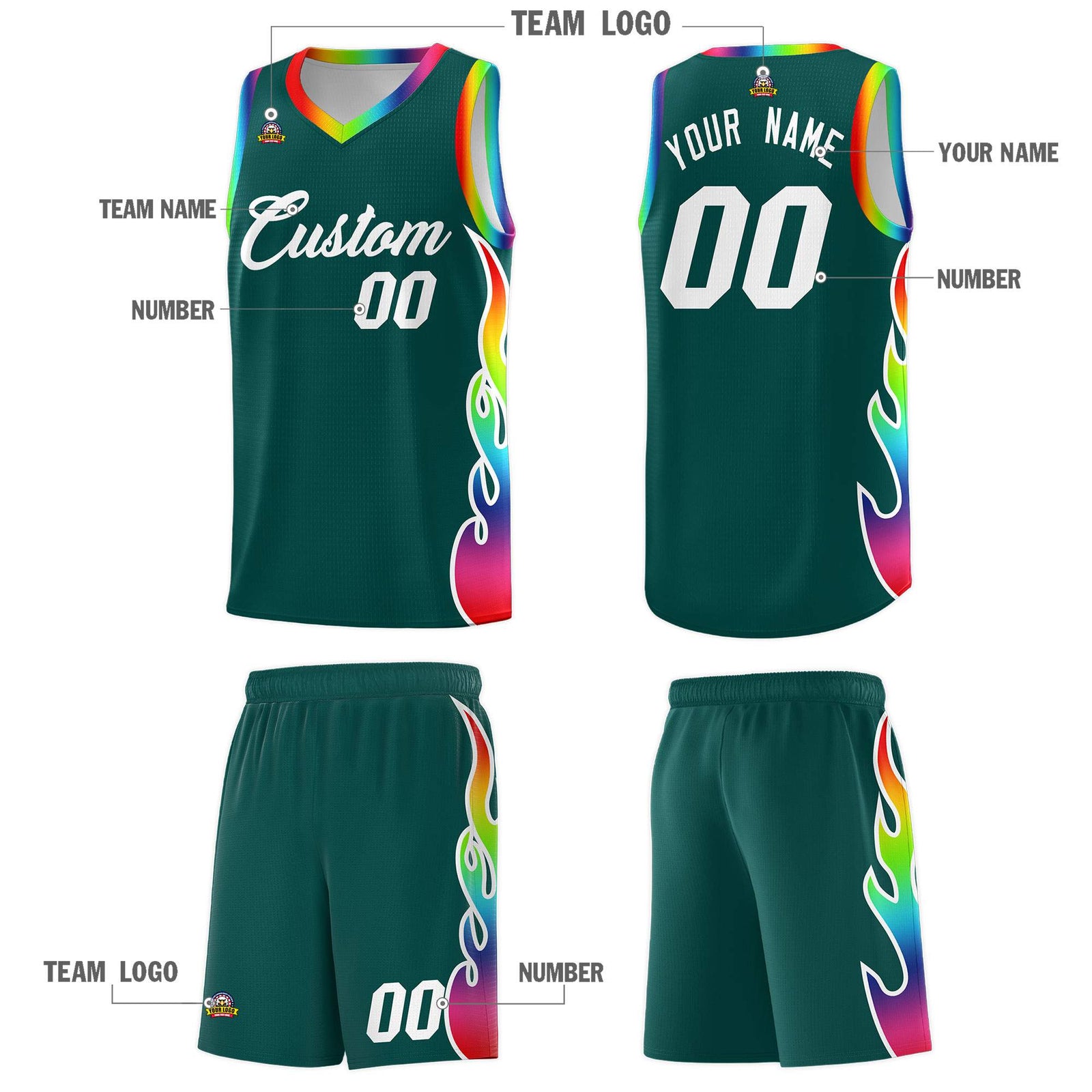 Custom Midnight Green Side Flame Pattern Fashion Sports Uniform Basketball Jersey