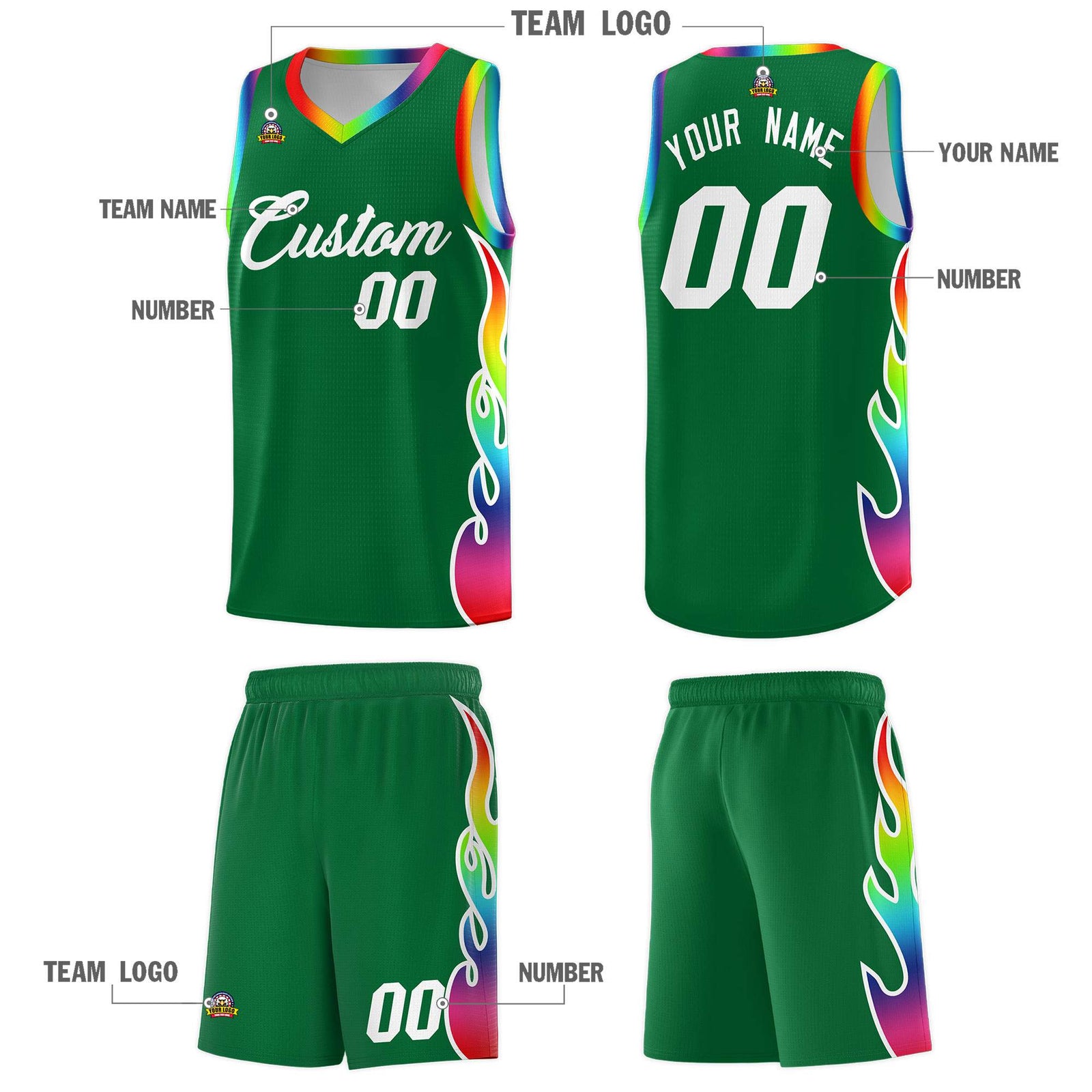 Custom Kelly Green Side Flame Pattern Fashion Sports Uniform Basketball Jersey