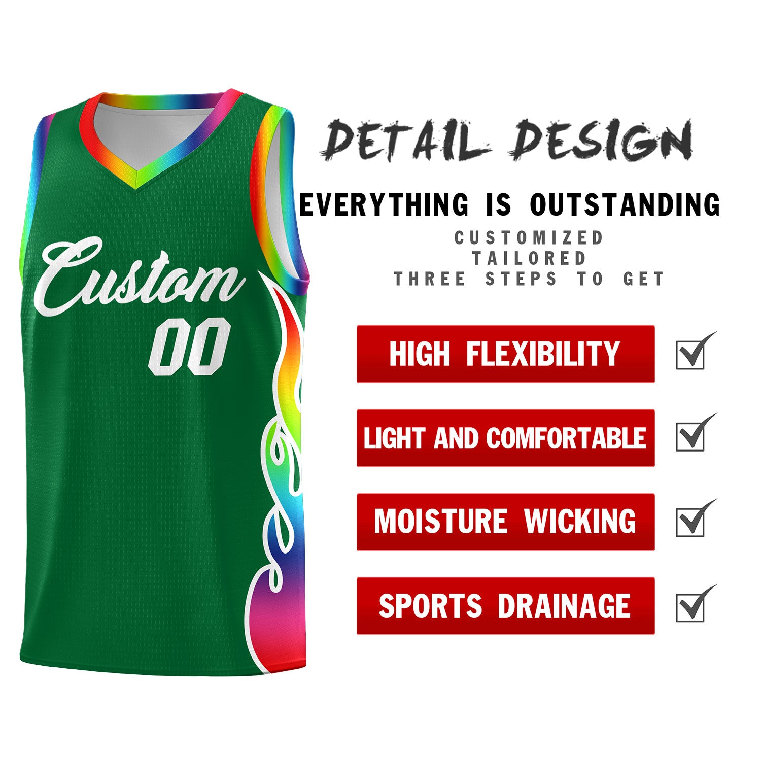 Custom Kelly Green Side Flame Pattern Fashion Sports Uniform Basketball Jersey