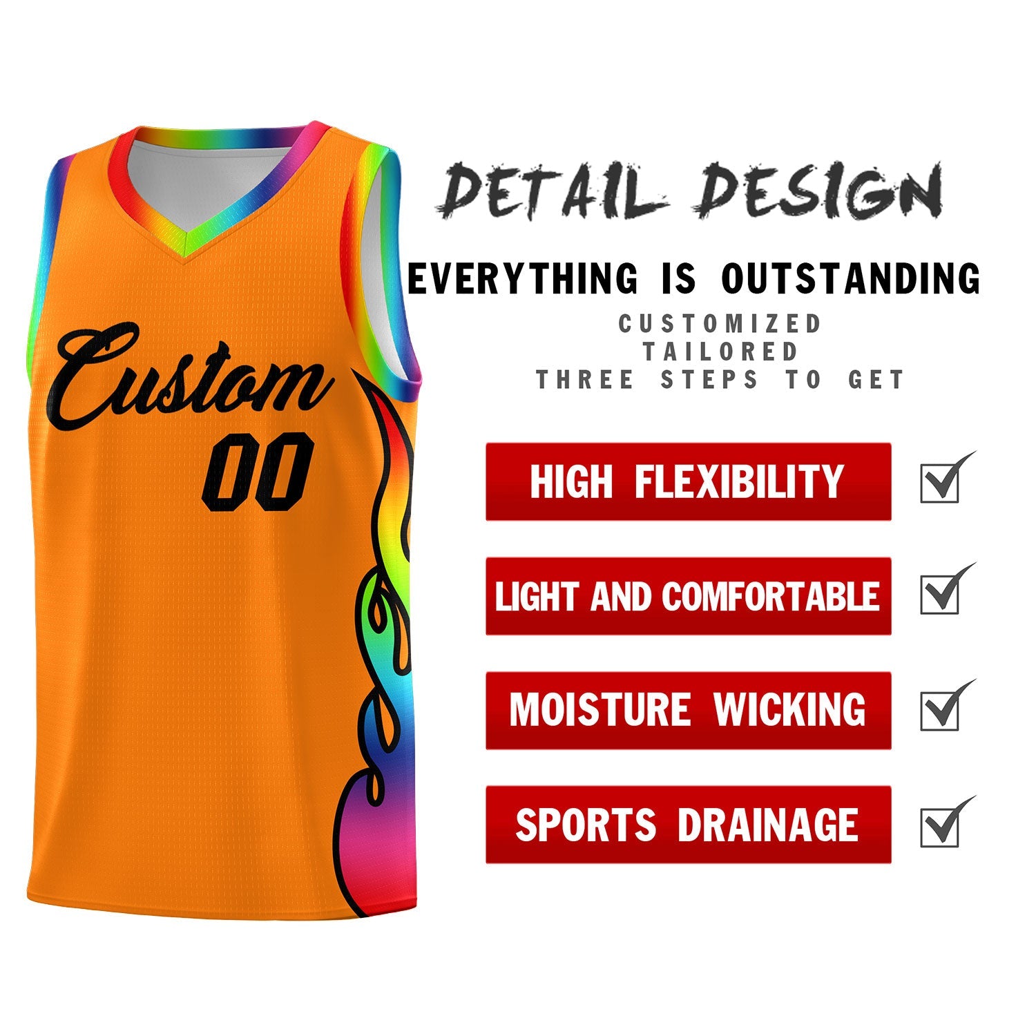 Custom Orange Side Flame Pattern Fashion Sports Uniform Basketball Jersey