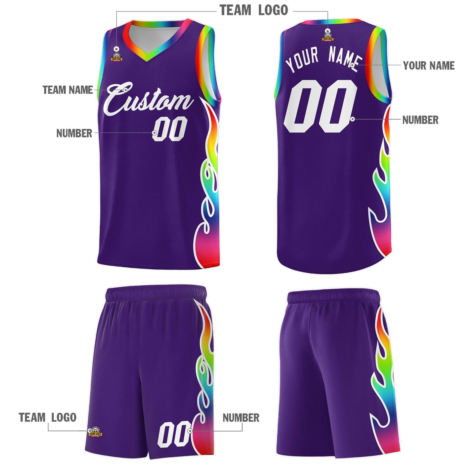 Custom Purple Side Flame Pattern Fashion Sports Uniform Basketball Jersey