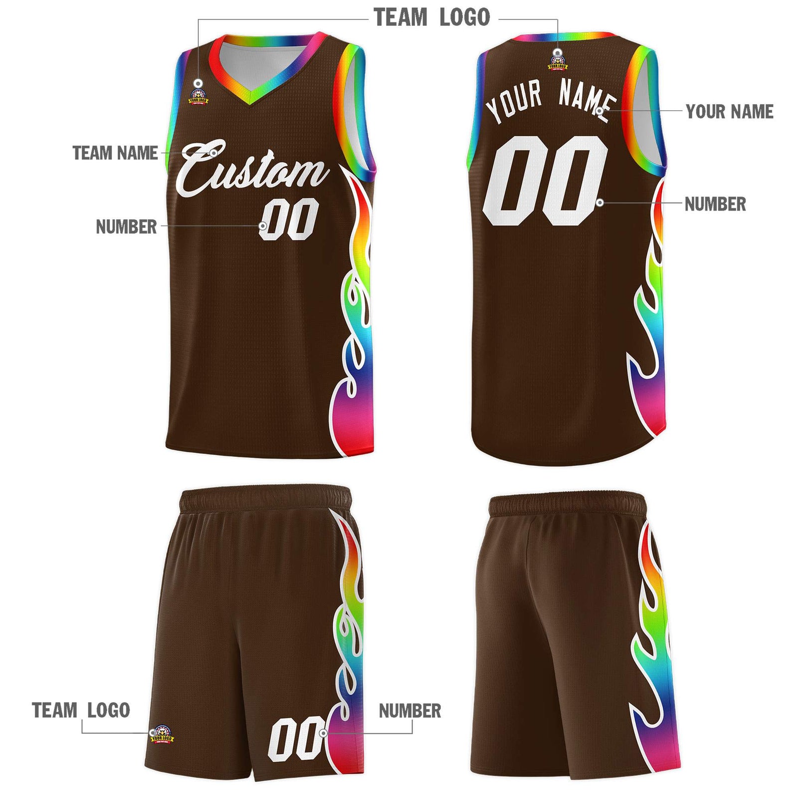 Custom Brown Side Flame Pattern Fashion Sports Uniform Basketball Jersey