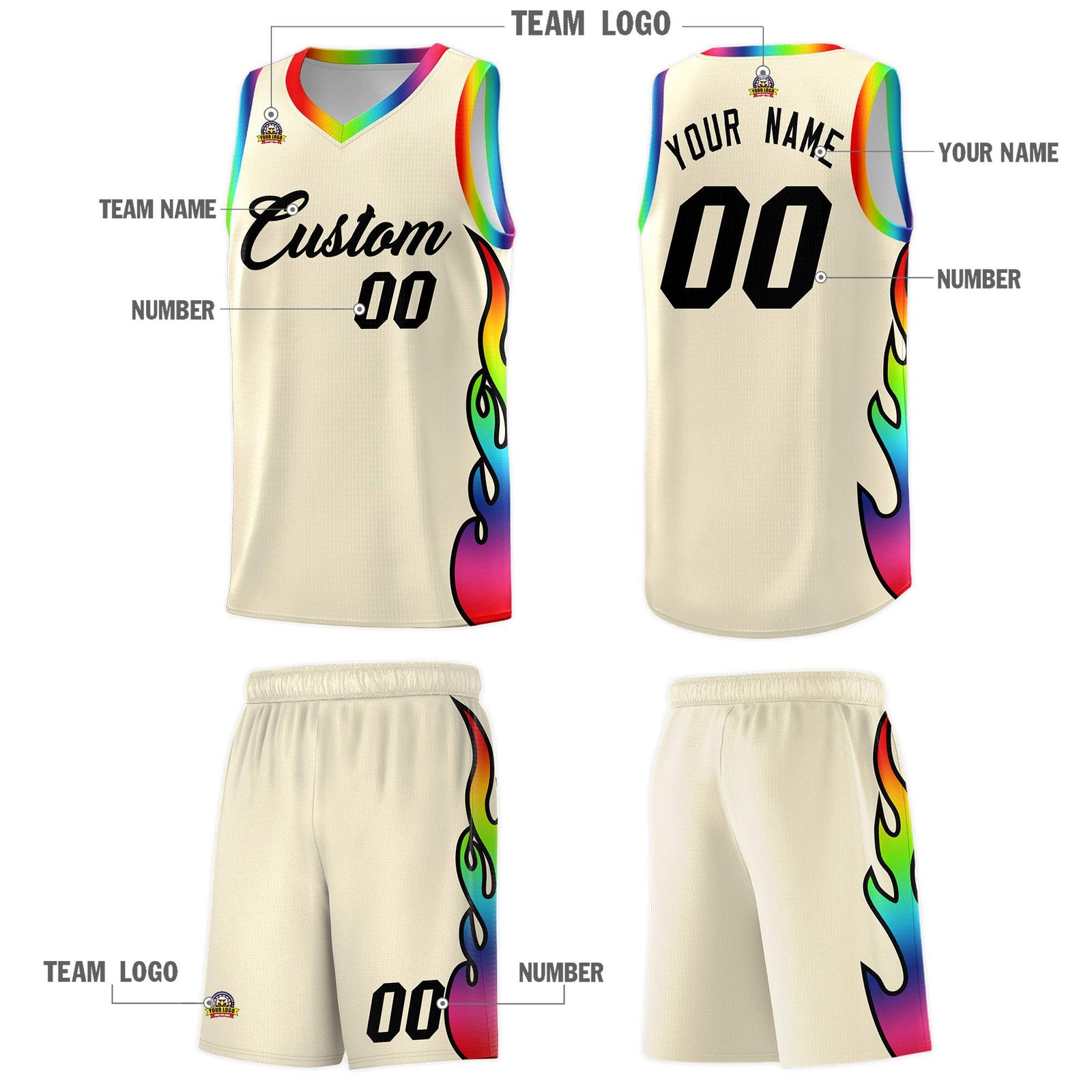Custom Cream Side Flame Pattern Fashion Sports Uniform Basketball Jersey