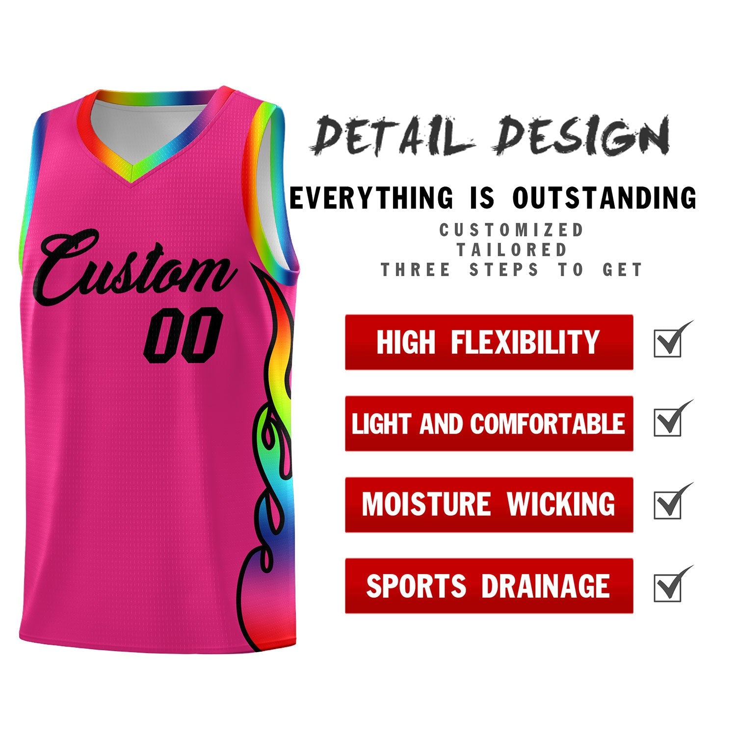 Custom Rose Red Side Flame Pattern Fashion Sports Uniform Basketball Jersey
