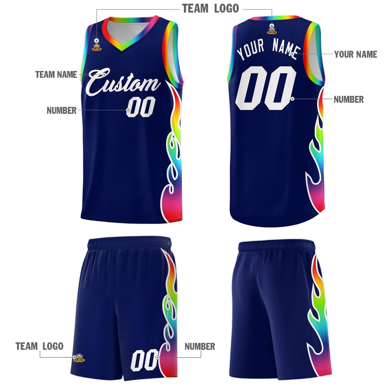 Custom Navy Side Flame Pattern Fashion Sports Uniform Basketball Jersey