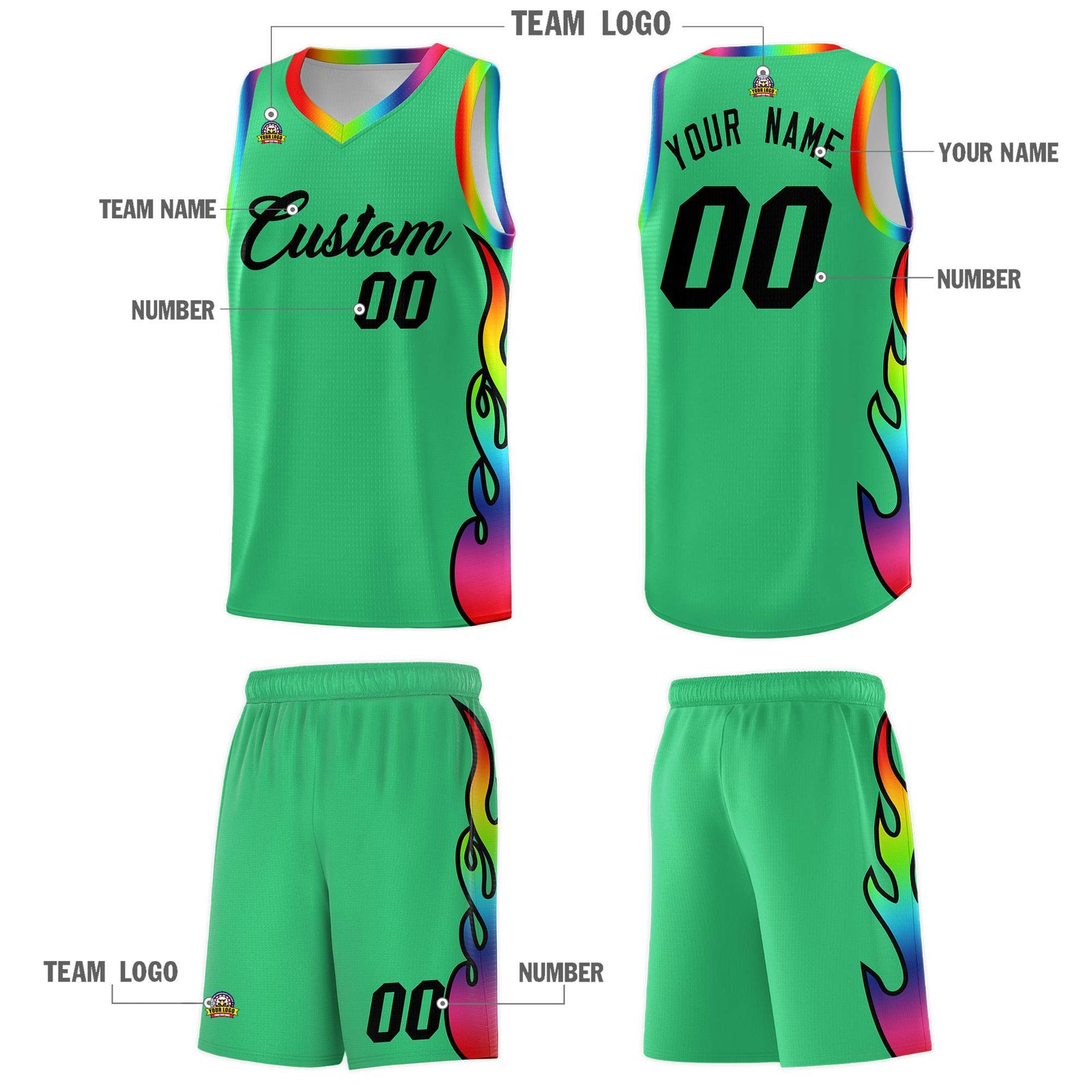 Custom Kelly Green Side Flame Pattern Fashion Sports Uniform Basketball Jersey