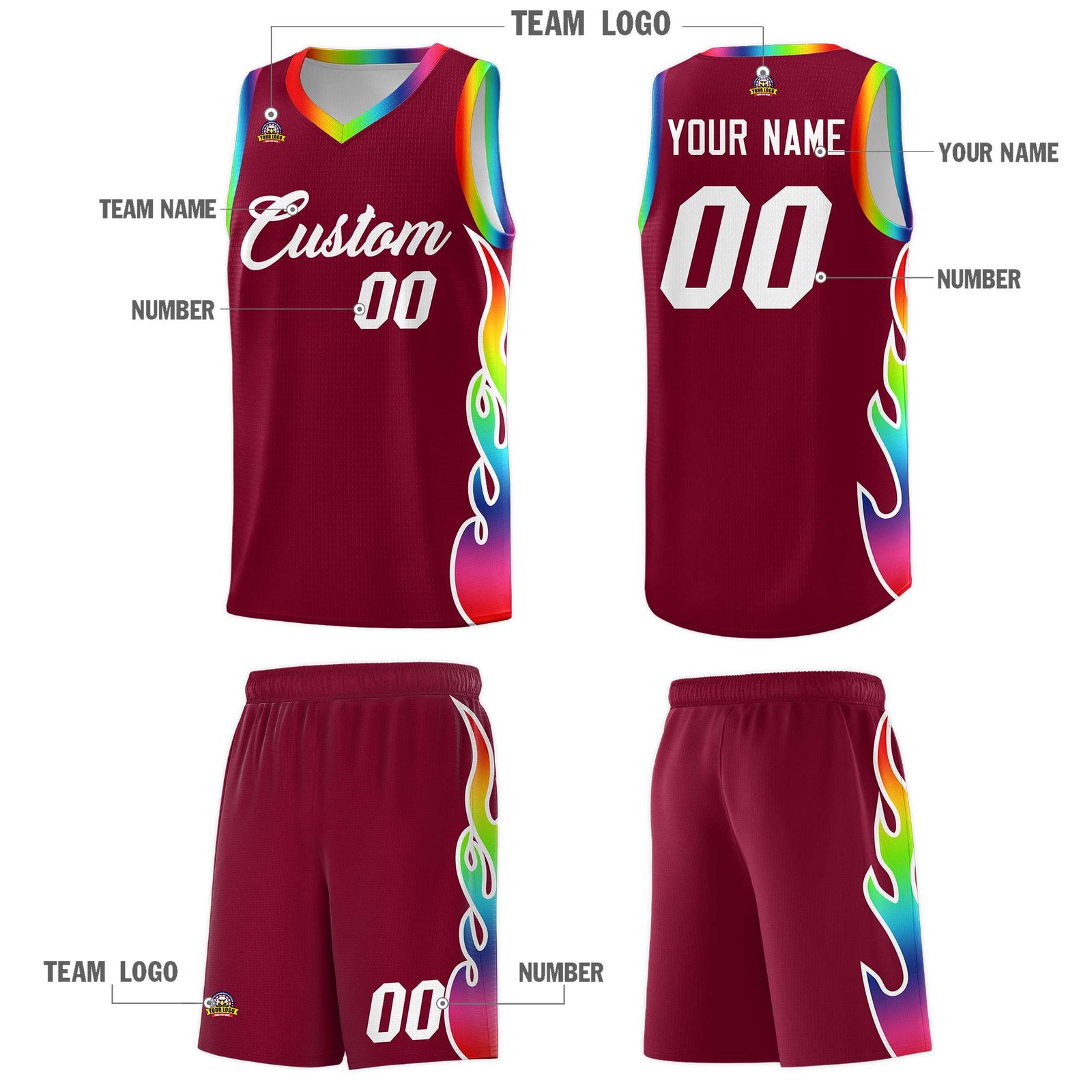 Custom Crimson Side Flame Pattern Fashion Sports Uniform Basketball Jersey