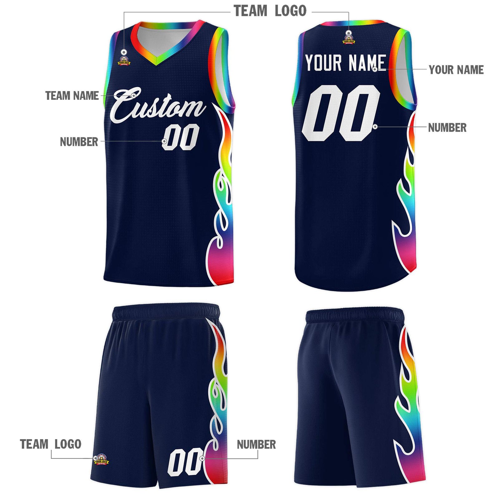 Custom Navy Side Flame Pattern Fashion Sports Uniform Basketball Jersey