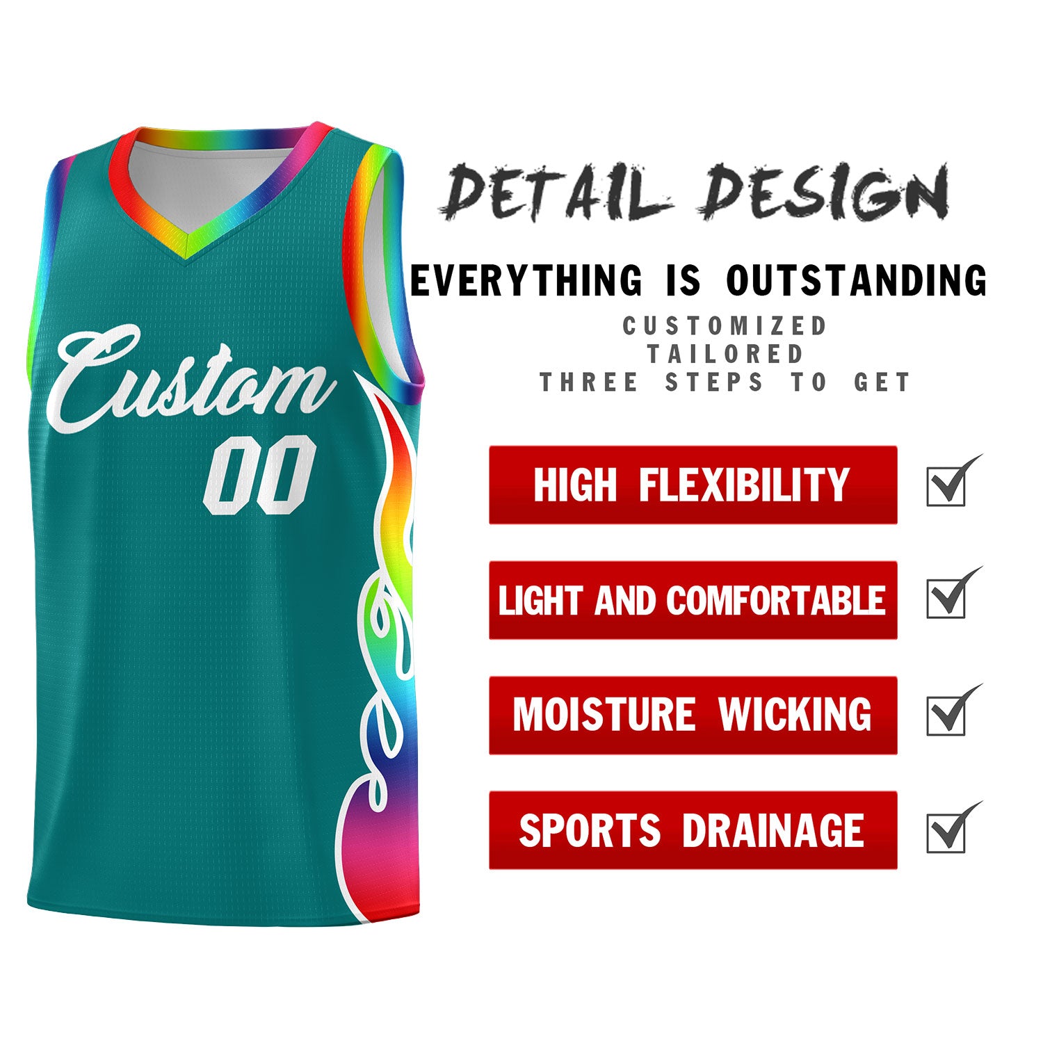 Custom Aqua Side Flame Pattern Fashion Sports Uniform Basketball Jersey
